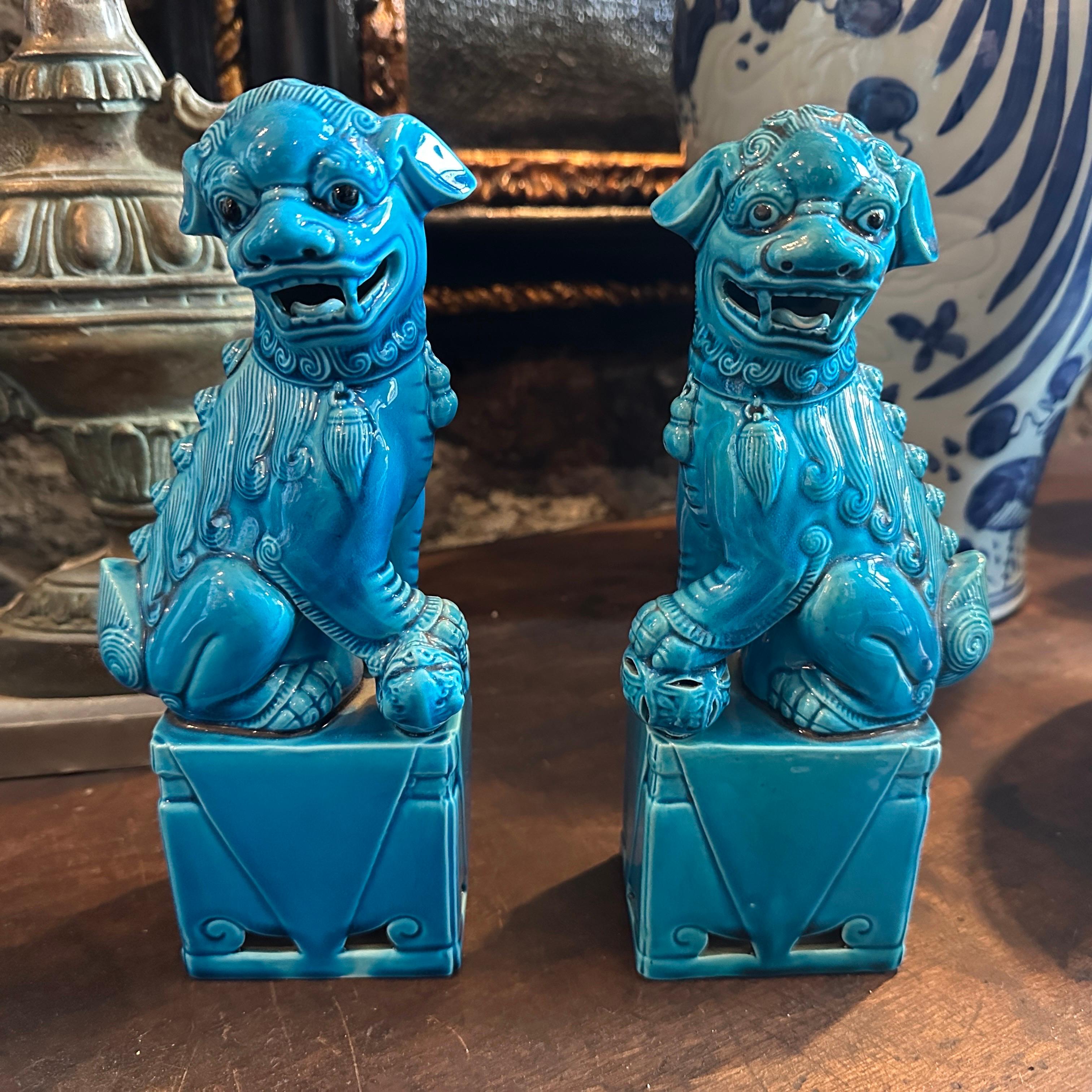 A pair of 1960s Turquoise Glazed Ceramic Chinese Pho Dogs For Sale 8