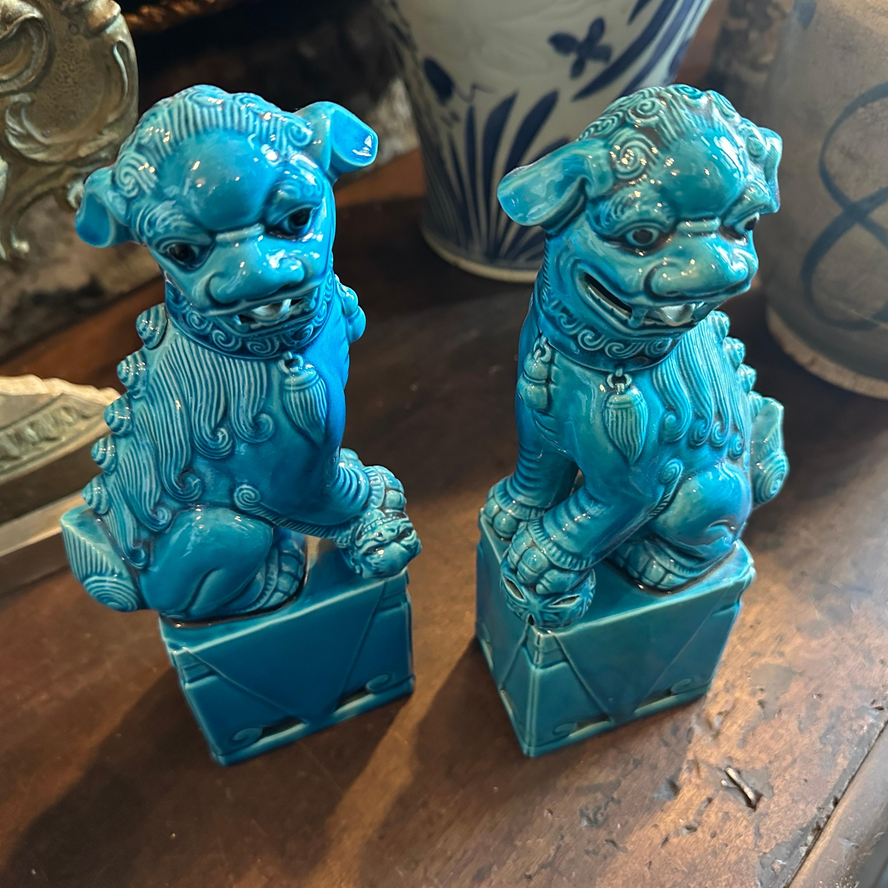 Chinese Export A pair of 1960s Turquoise Glazed Ceramic Chinese Pho Dogs For Sale