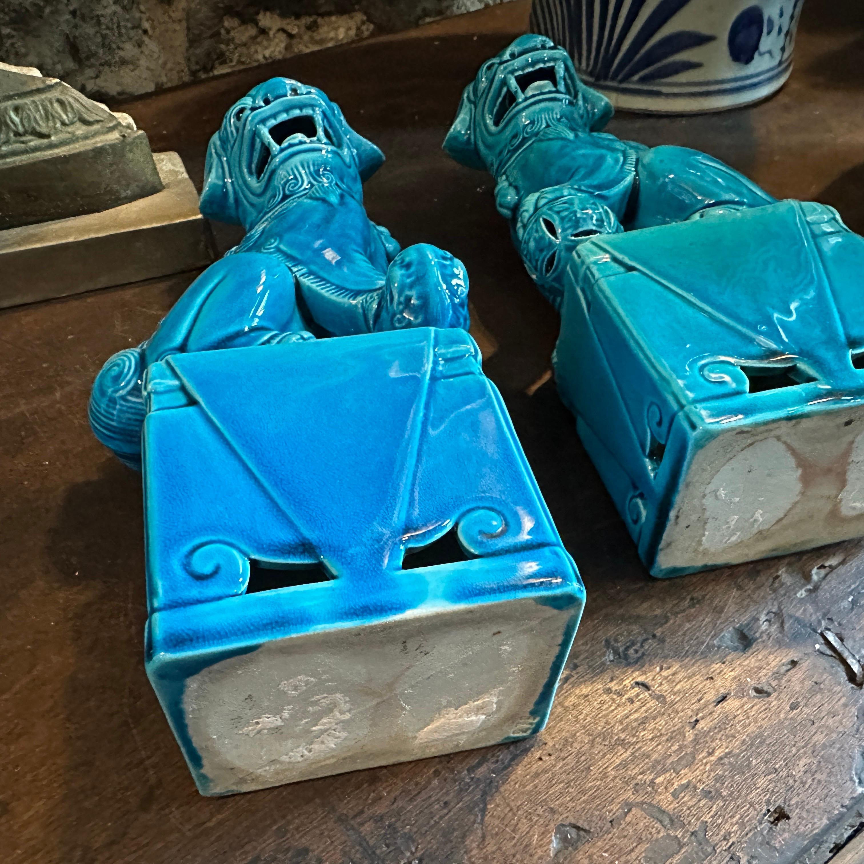 20th Century A pair of 1960s Turquoise Glazed Ceramic Chinese Pho Dogs For Sale