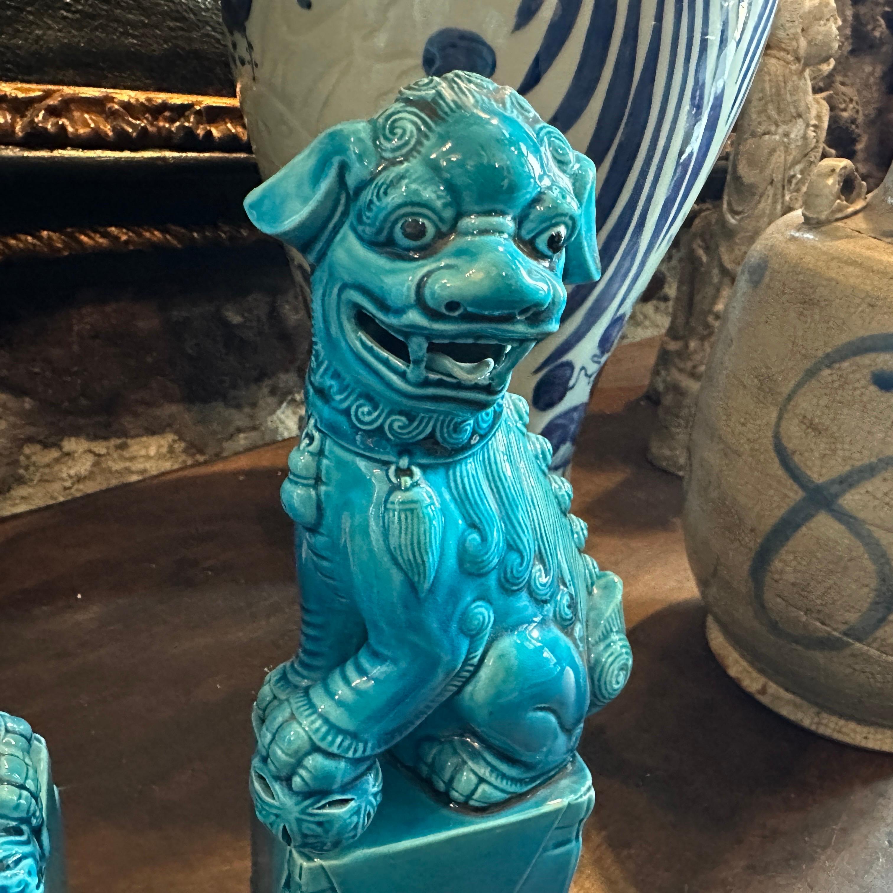 A pair of 1960s Turquoise Glazed Ceramic Chinese Pho Dogs For Sale 3