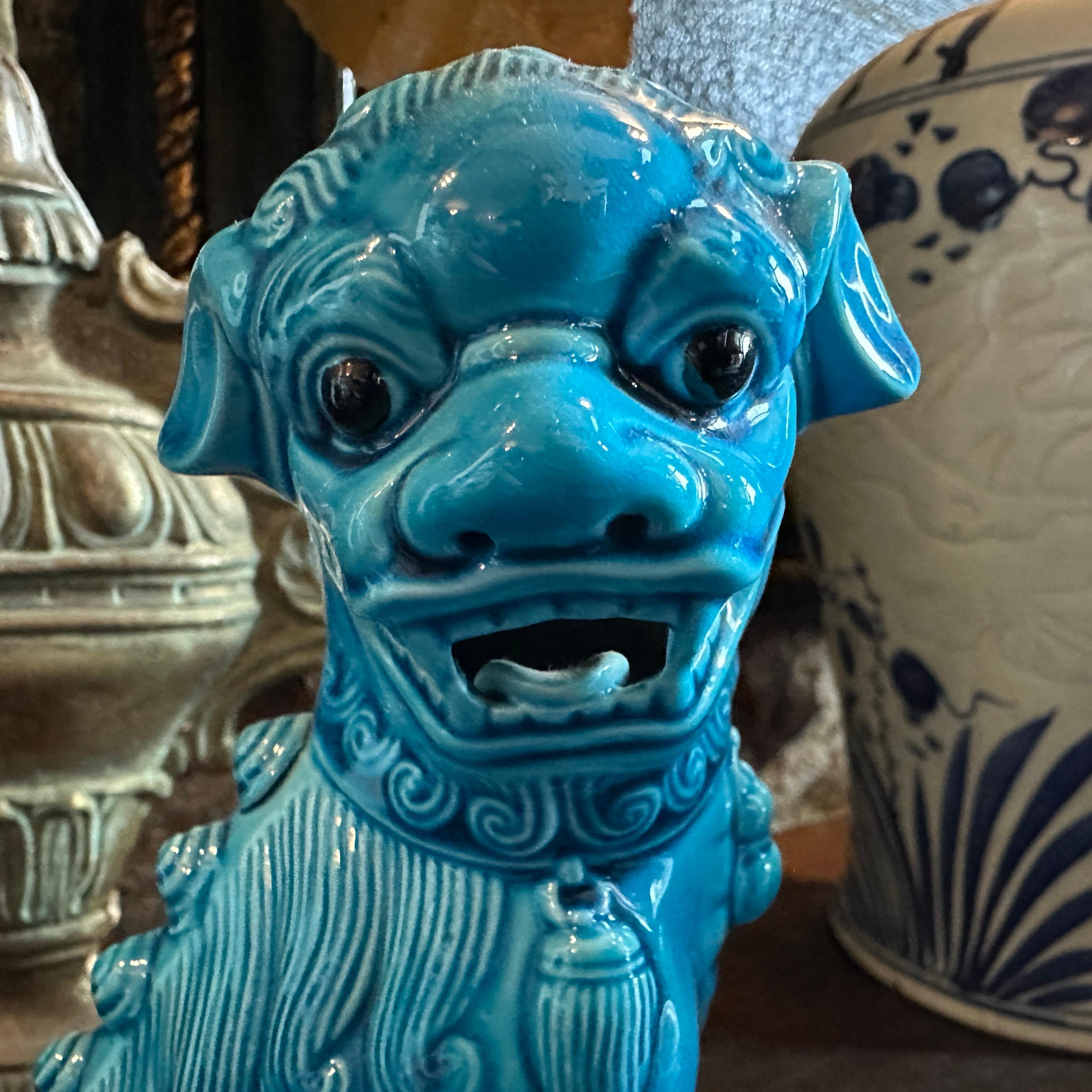 A pair of 1960s Turquoise Glazed Ceramic Chinese Pho Dogs For Sale 4