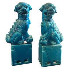 A pair of 1960s Turquoise Glazed Ceramic Chinese Pho Dogs