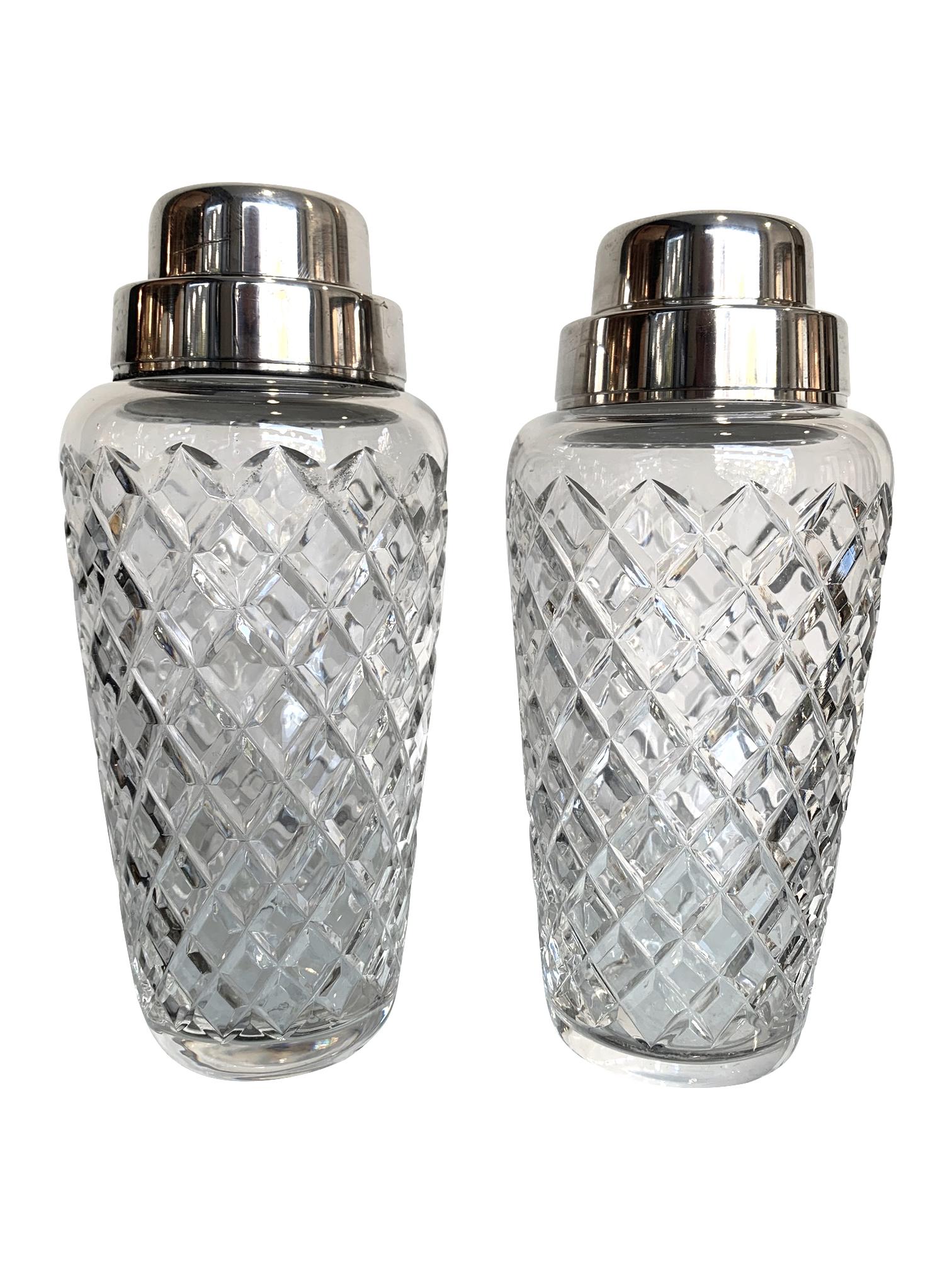 Belgian Pair of 1960s Val Saint Lambert Crystal and Silver Plate Cocktail Shakers