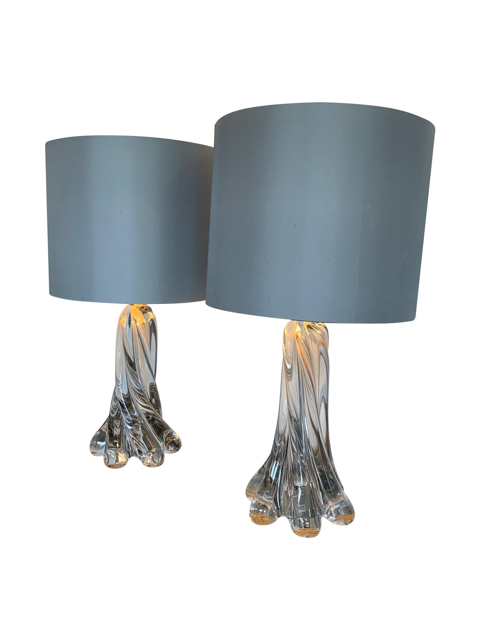 A pair of 1960s Val St Lambert clear glass lamps with bespoke slate colored shades.