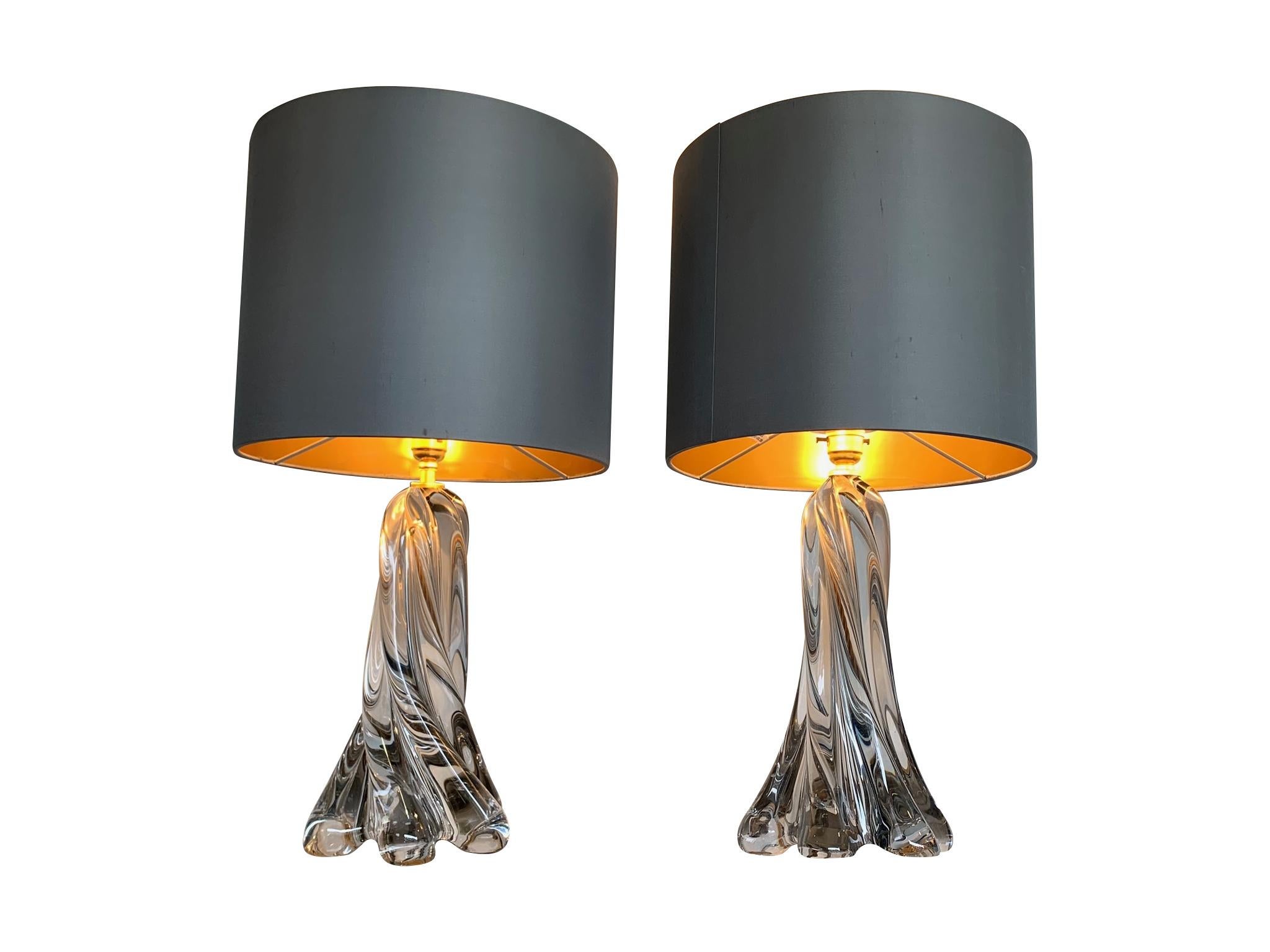 Mid-20th Century Pair of 1960s Val St Lambert Clear Glass Lamps with New Bespoke Shades