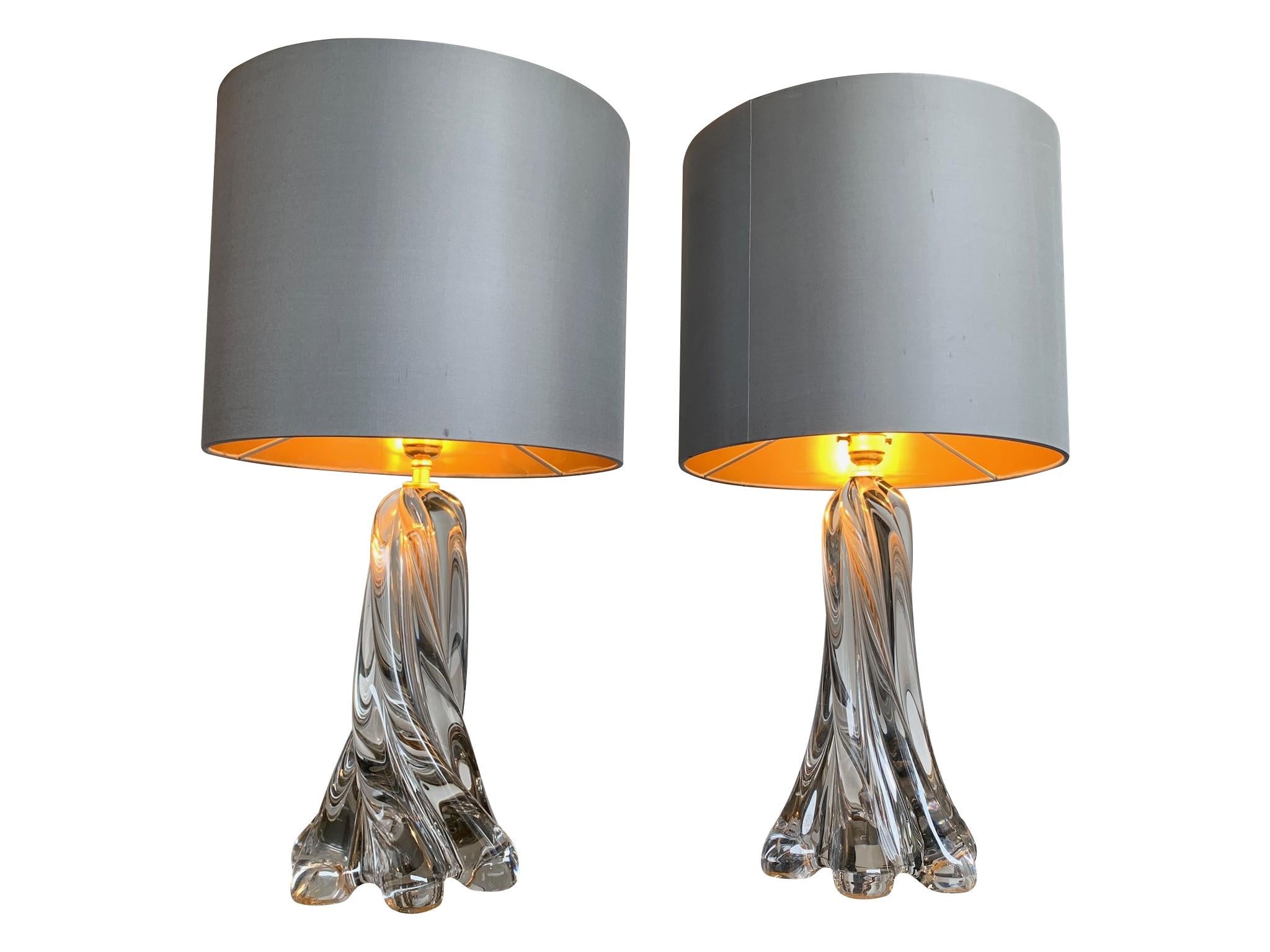 Pair of 1960s Val St Lambert Clear Glass Lamps with New Bespoke Shades 1