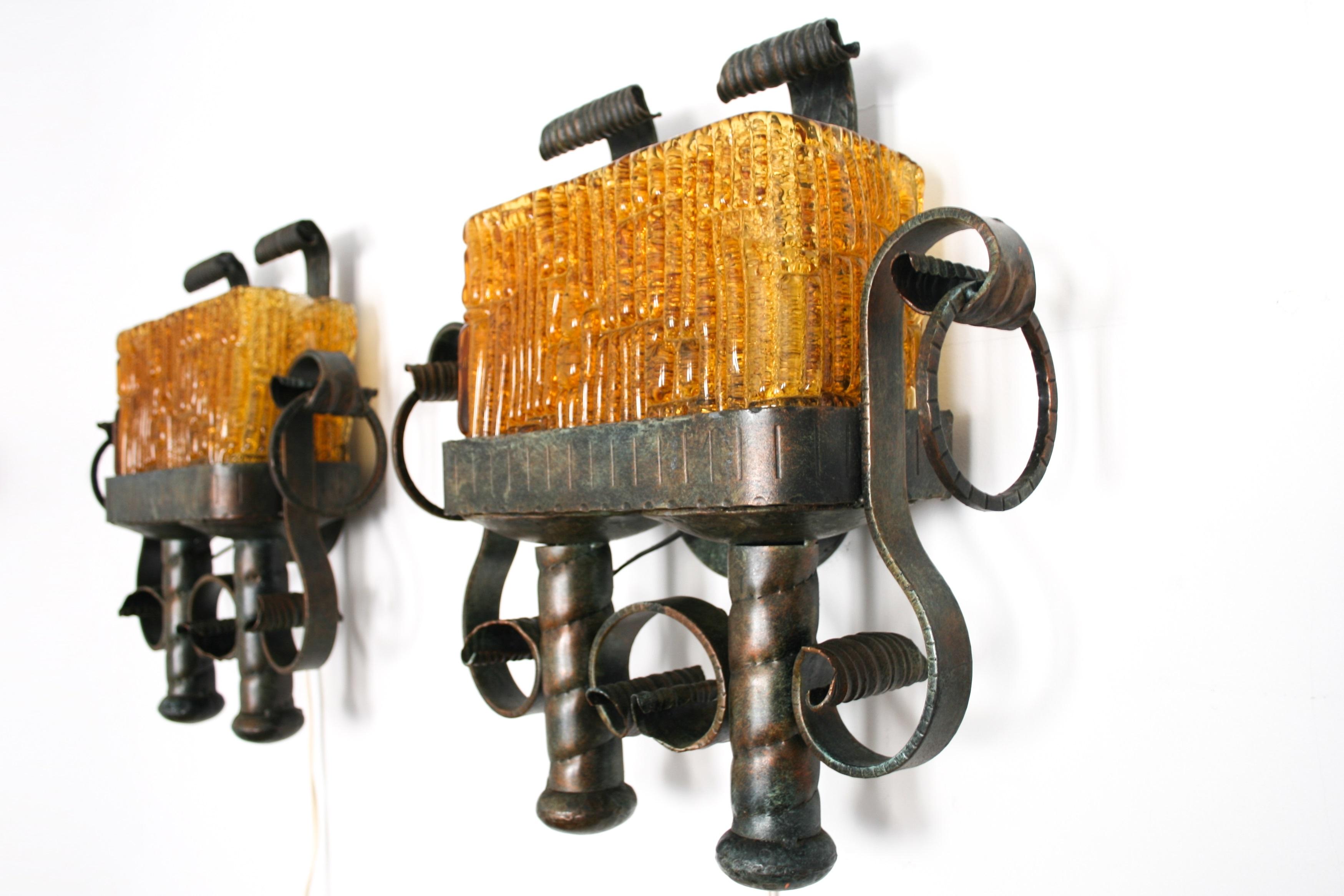 Pair of 1960s Wrought Iron and Glass Brutalist Wall Lamps For Sale 1