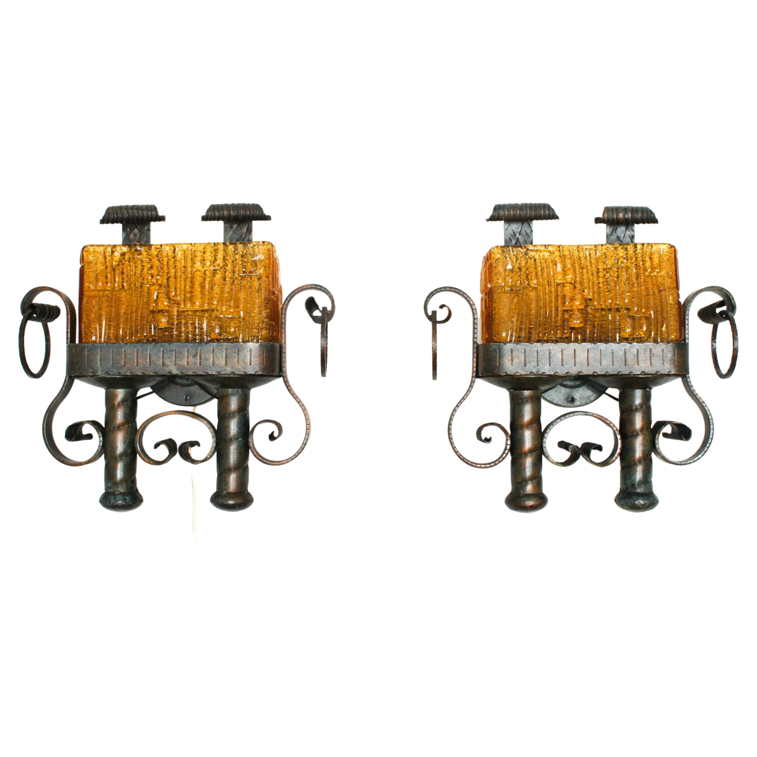 Pair of 1960s Wrought Iron and Glass Brutalist Wall Lamps For Sale