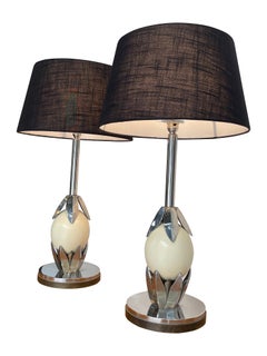 Pair of 1970s Anthony Redmile Style Chrome and Real Ostrich Egg Lamps