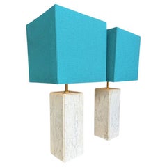 A pair of 1970s Belgian Carrera marble lamps by Porcelaine de Bruxelles