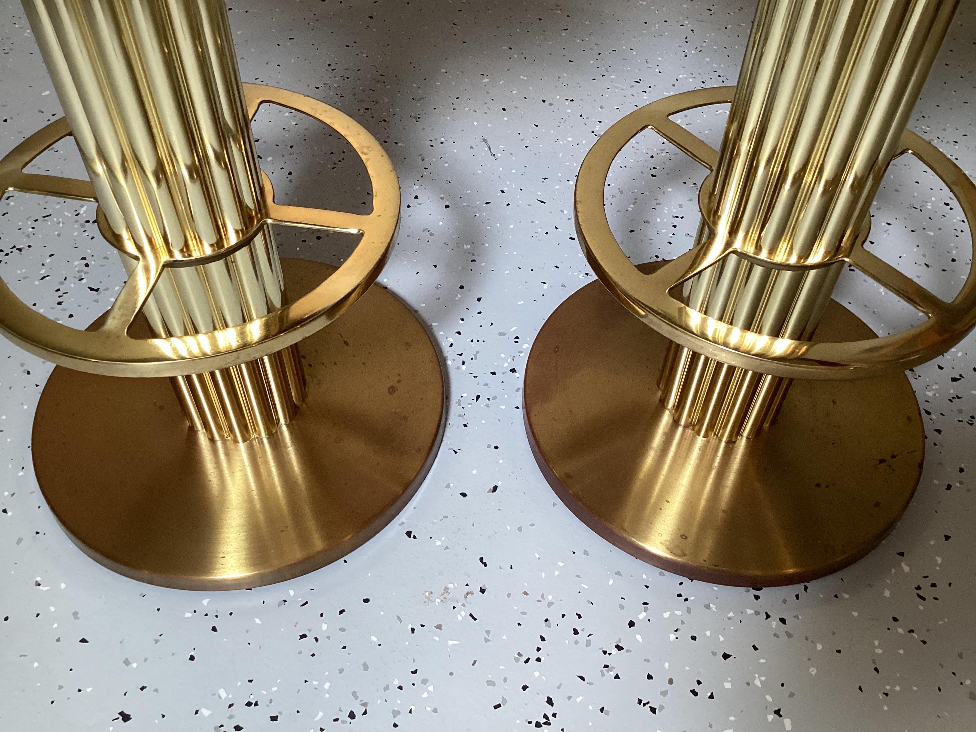 American Pair of 1970's Brass and Red Velvet Swivel Bar Stools