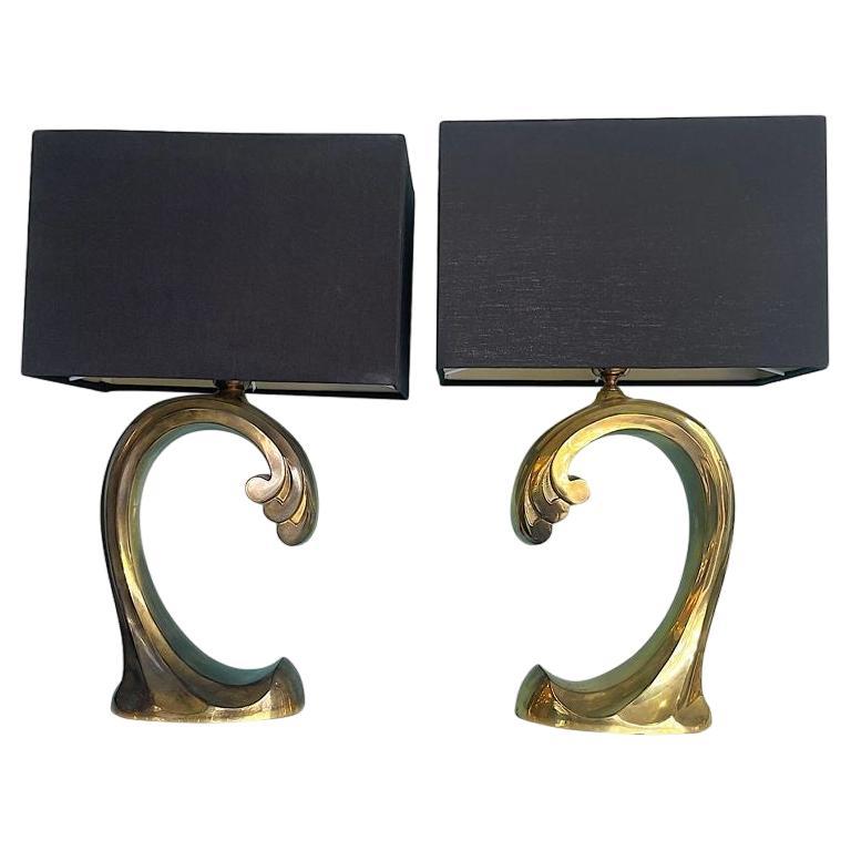 A pair of 1970s brass wave lamps by Belgium lighting company Regina For Sale