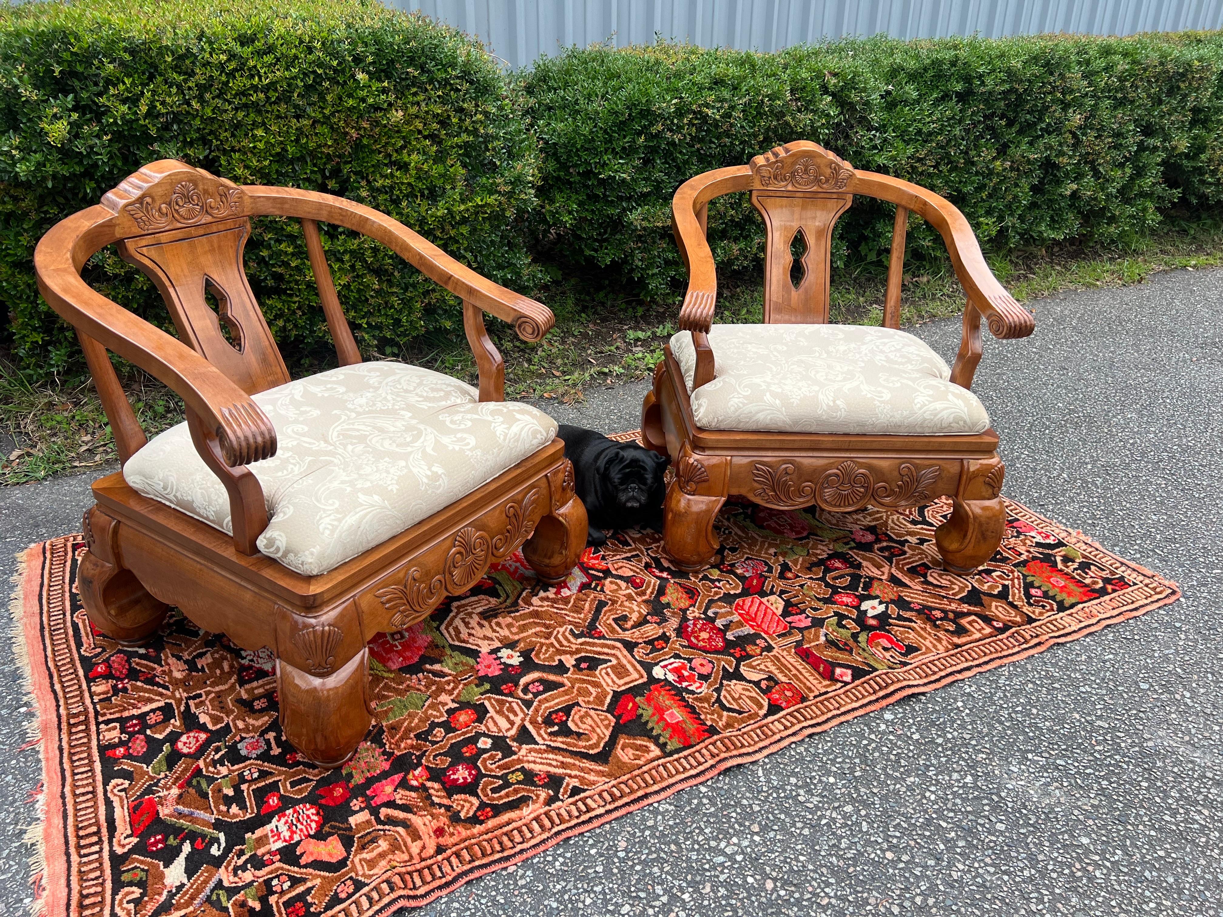 A fun Pair of Oriental Chinese Chinoiserie Oak Horseshoe Accent Chairs by Schnadig. Gorgeous Chairs in Great Vintage Condition. Solid and Firm. Wear is usual for their age. Please see photos. Overall a Gorgeous Set of Chairs that you will love