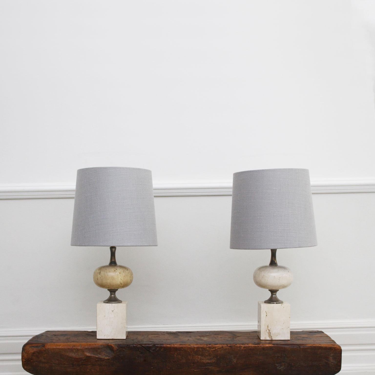 Pair of 1970s Chrome and Travertine Table Lights by Philippe Barbier 4