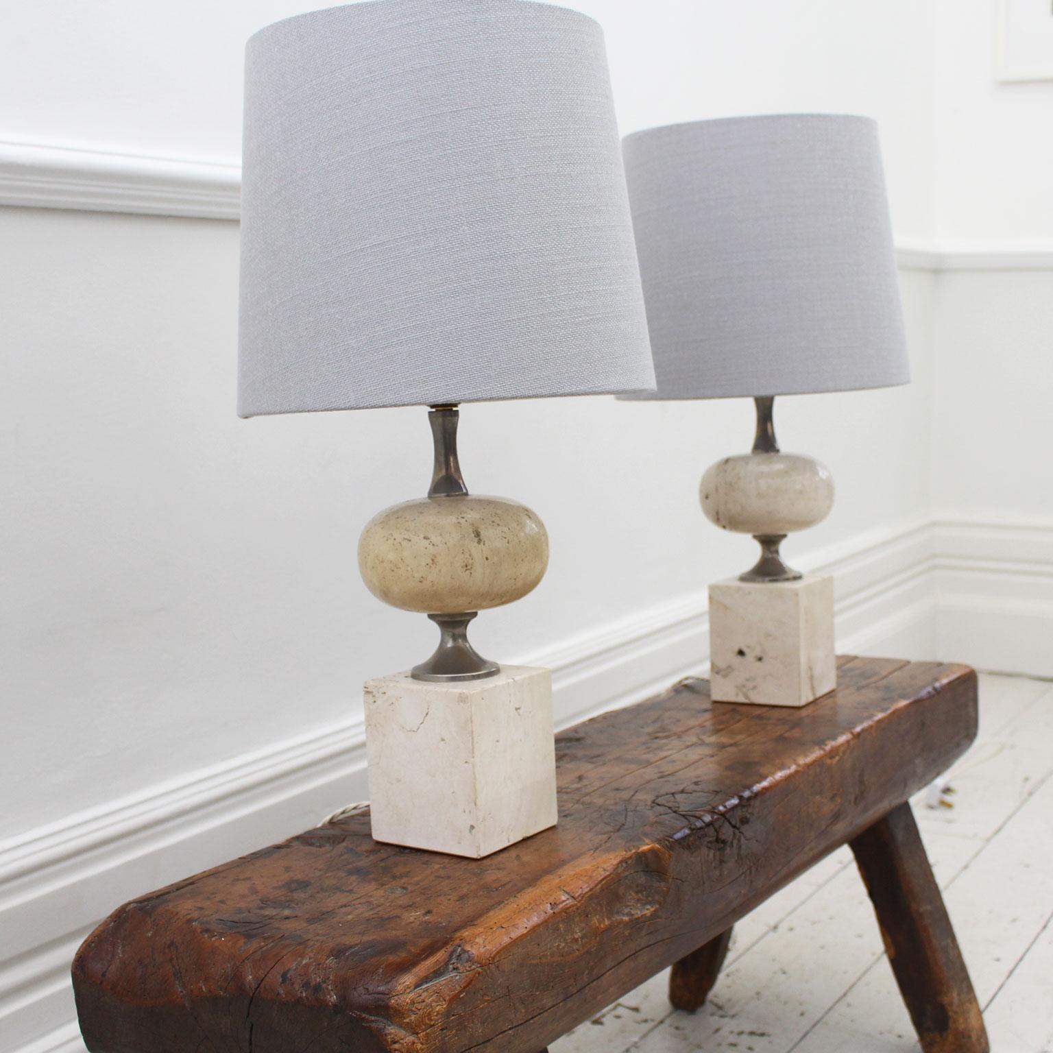 Mid-Century Modern Pair of 1970s Chrome and Travertine Table Lights by Philippe Barbier