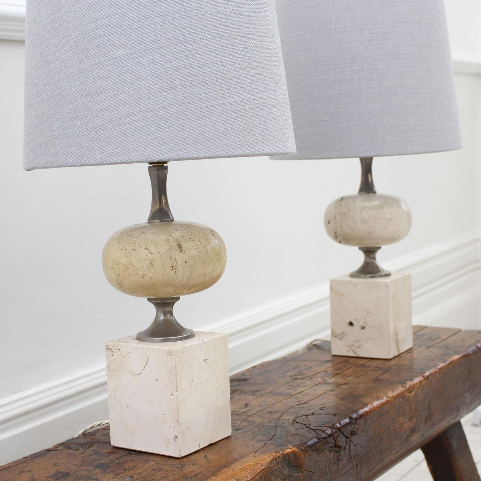 French Pair of 1970s Chrome and Travertine Table Lights by Philippe Barbier