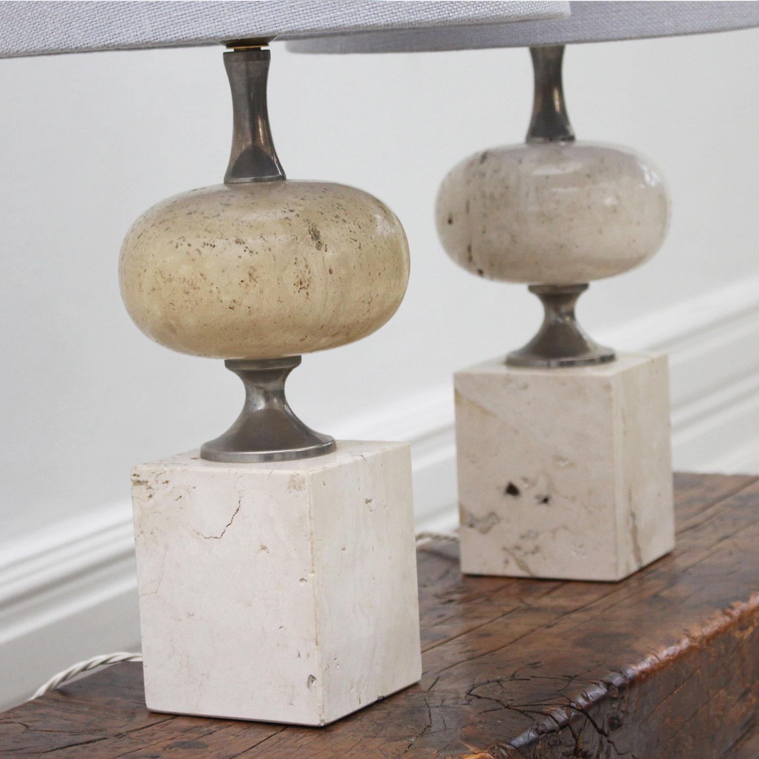 Pair of 1970s Chrome and Travertine Table Lights by Philippe Barbier In Good Condition In Kent, GB