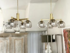 A Pair of 1970's French Brass Plated Pendant Lights with Original Glass Shades