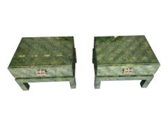 Pair of 1970s Guy Lefevre Style Green Woven Rattan and Brass Bedside Tables