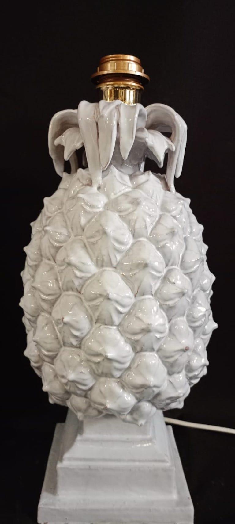 Mid-Century Modern A Pair of 1970's Italian Glazed Ceramic Pineapple Lamps For Sale
