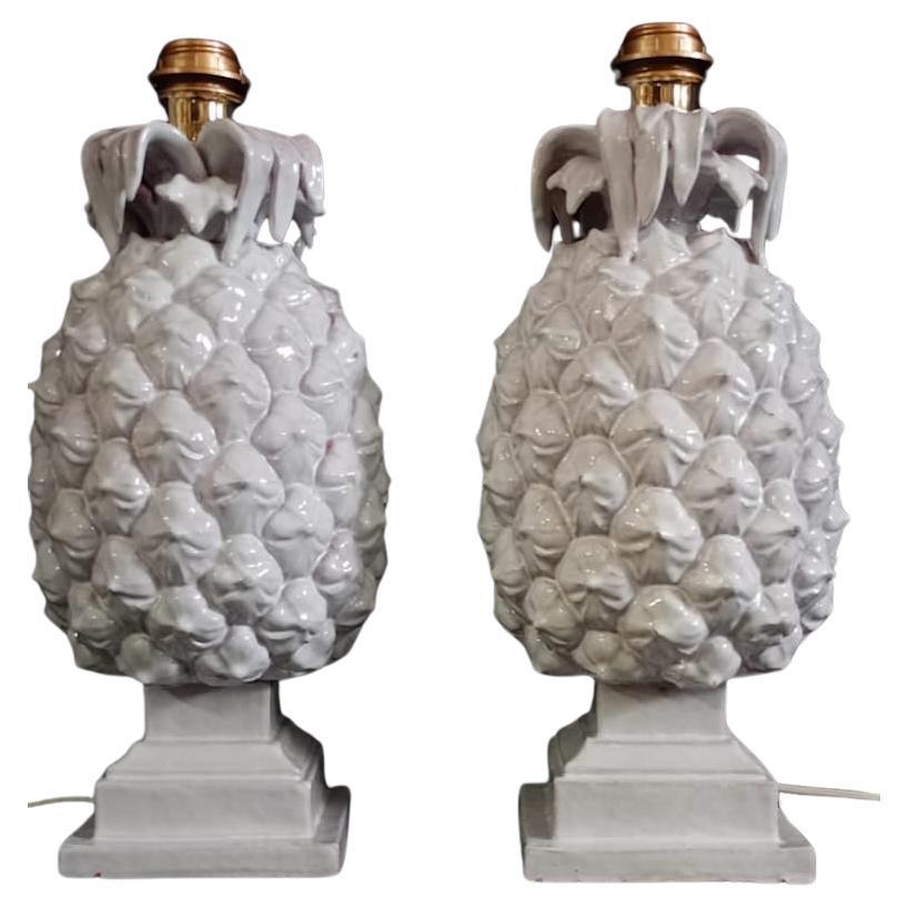 A Pair of 1970's Italian Glazed Ceramic Pineapple Lamps