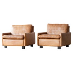 Retro A Pair of 1970s Italian Mid Century Patchwork Tan Leather Club Armchairs