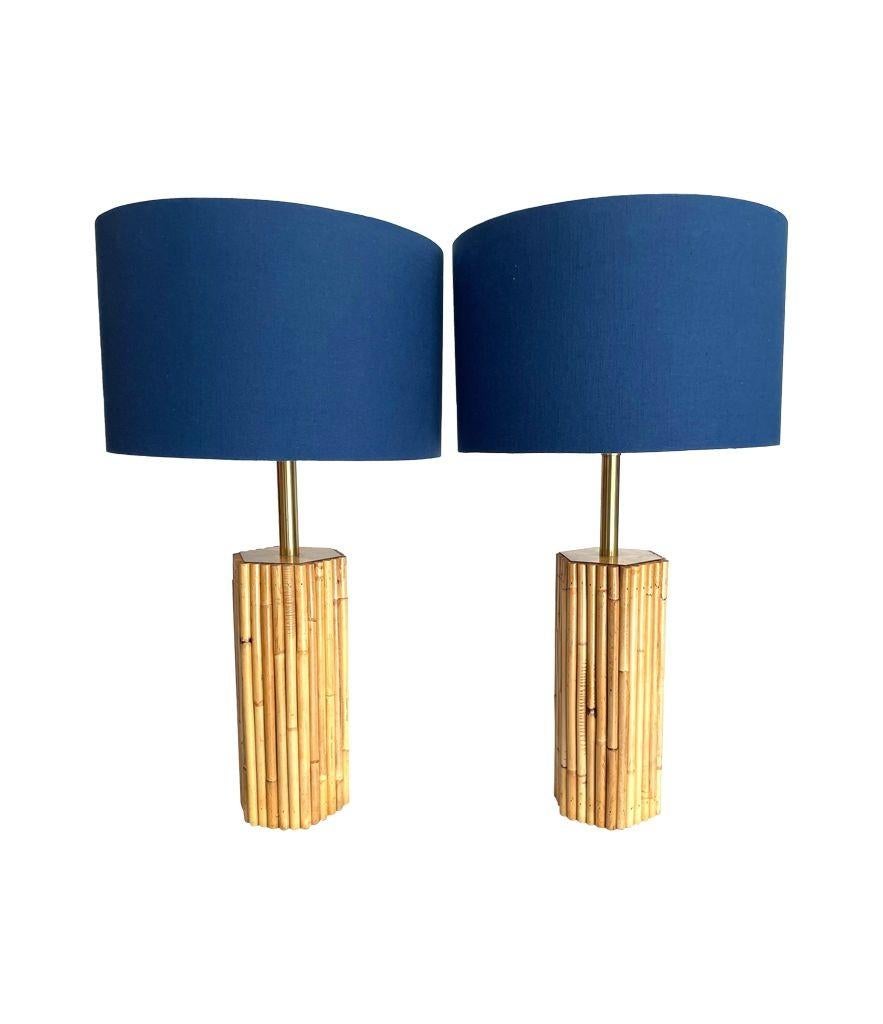 Pair of 1970s Italian Pencil Reed Bamboo Lamps with Brass Fittings 3