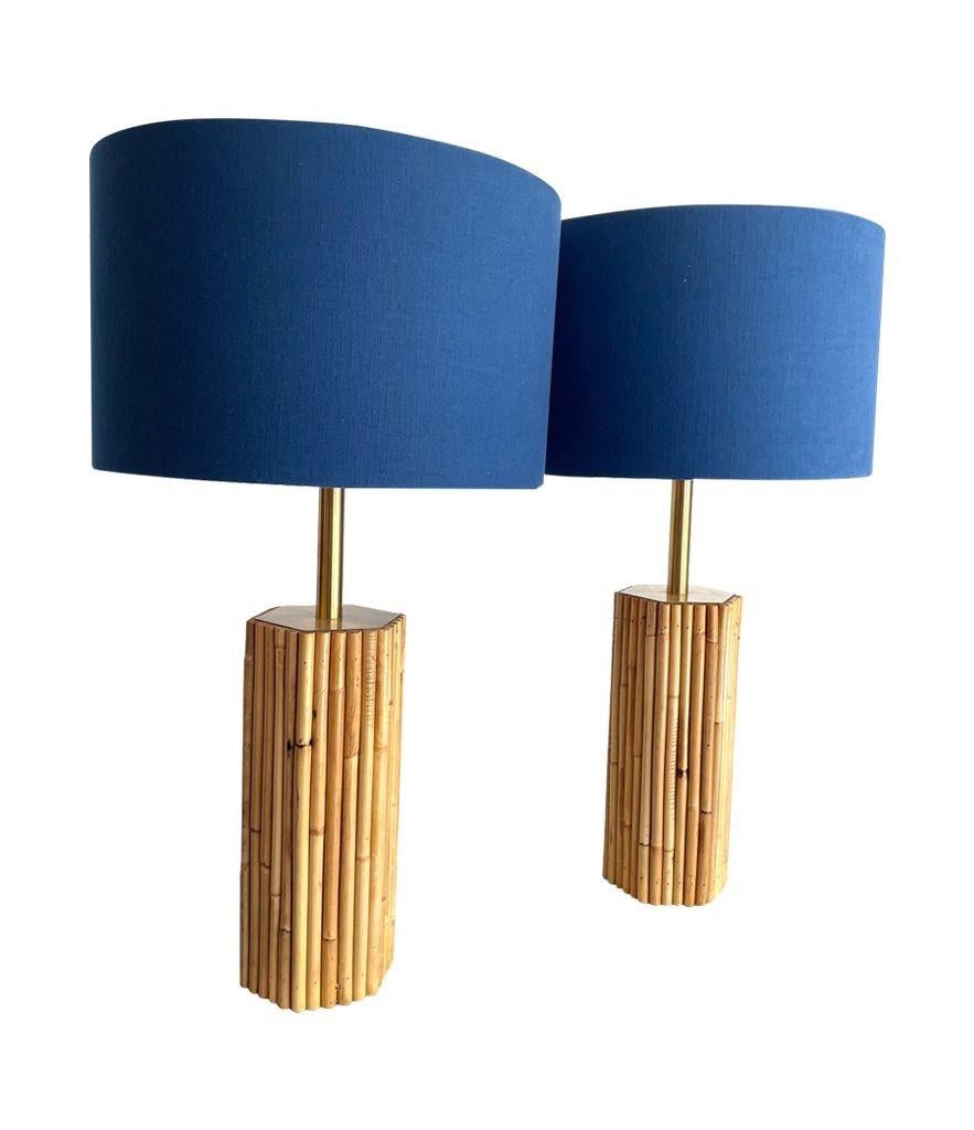 Pair of 1970s Italian Pencil Reed Bamboo Lamps with Brass Fittings 5