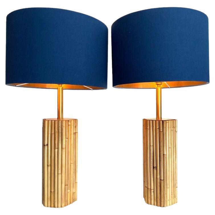 Pair of 1970s Italian Pencil Reed Bamboo Lamps with Brass Fittings