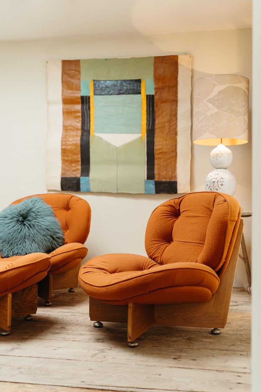 a pair of 1970's lounge chairs and one ottoman/pouf 6
