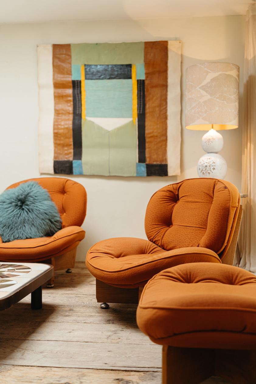 a pair of 1970's lounge chairs and one ottoman/pouf 11