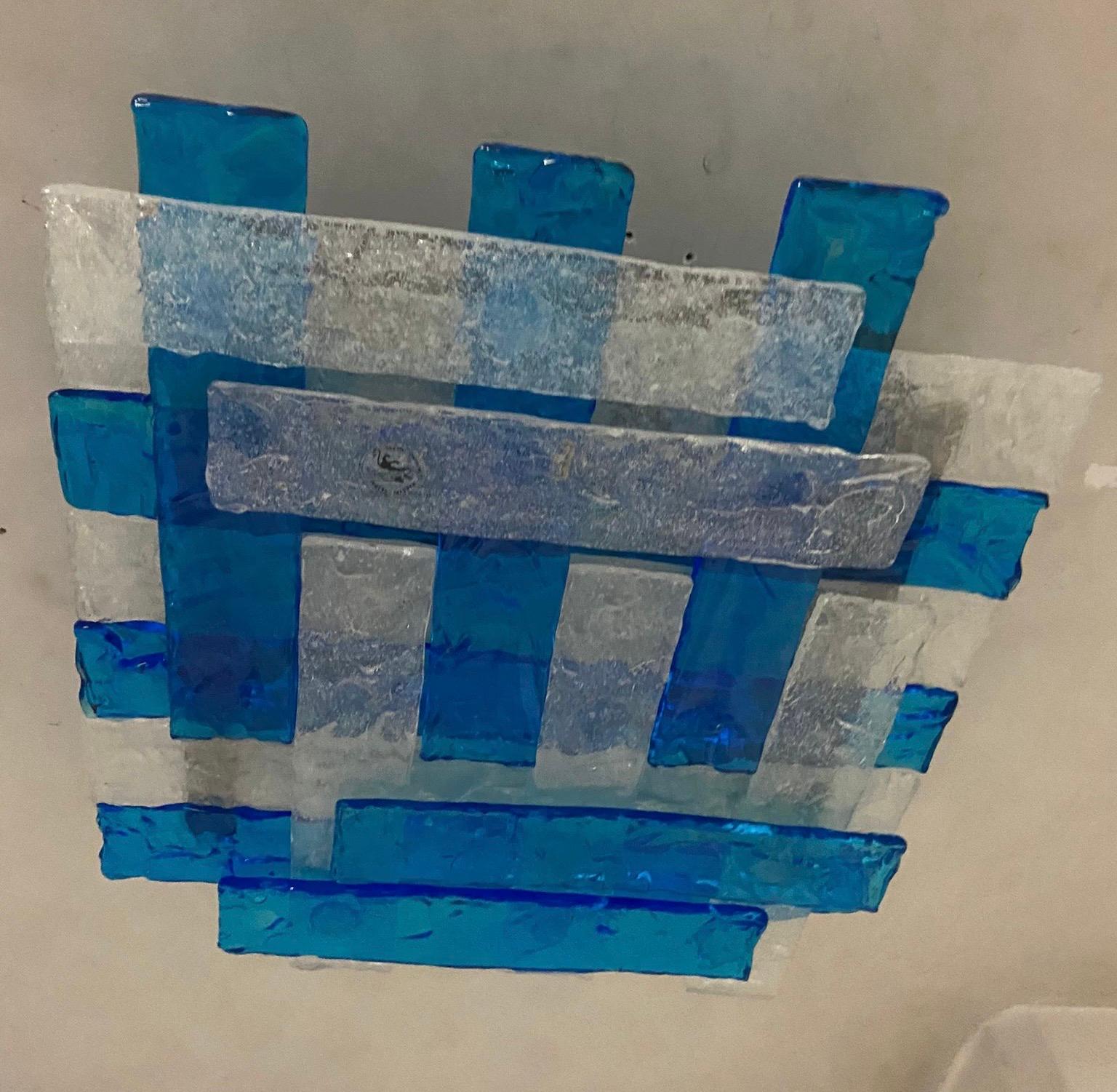 20th Century 1970s Mazzega Blue and White Murano Glass Huge Square Wall or Ceiling Lights For Sale