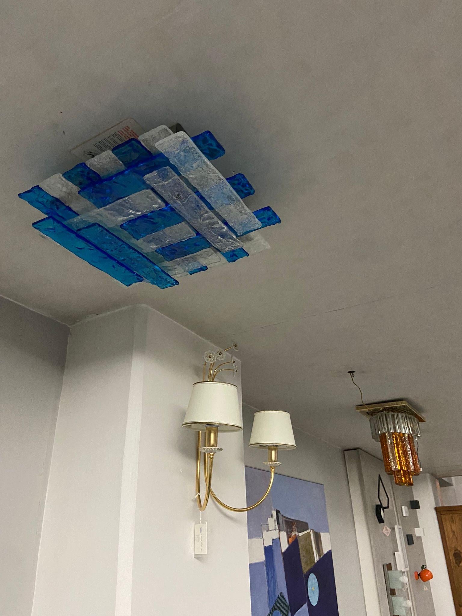 1970s Mazzega Blue and White Murano Glass Huge Square Wall or Ceiling Lights For Sale 2