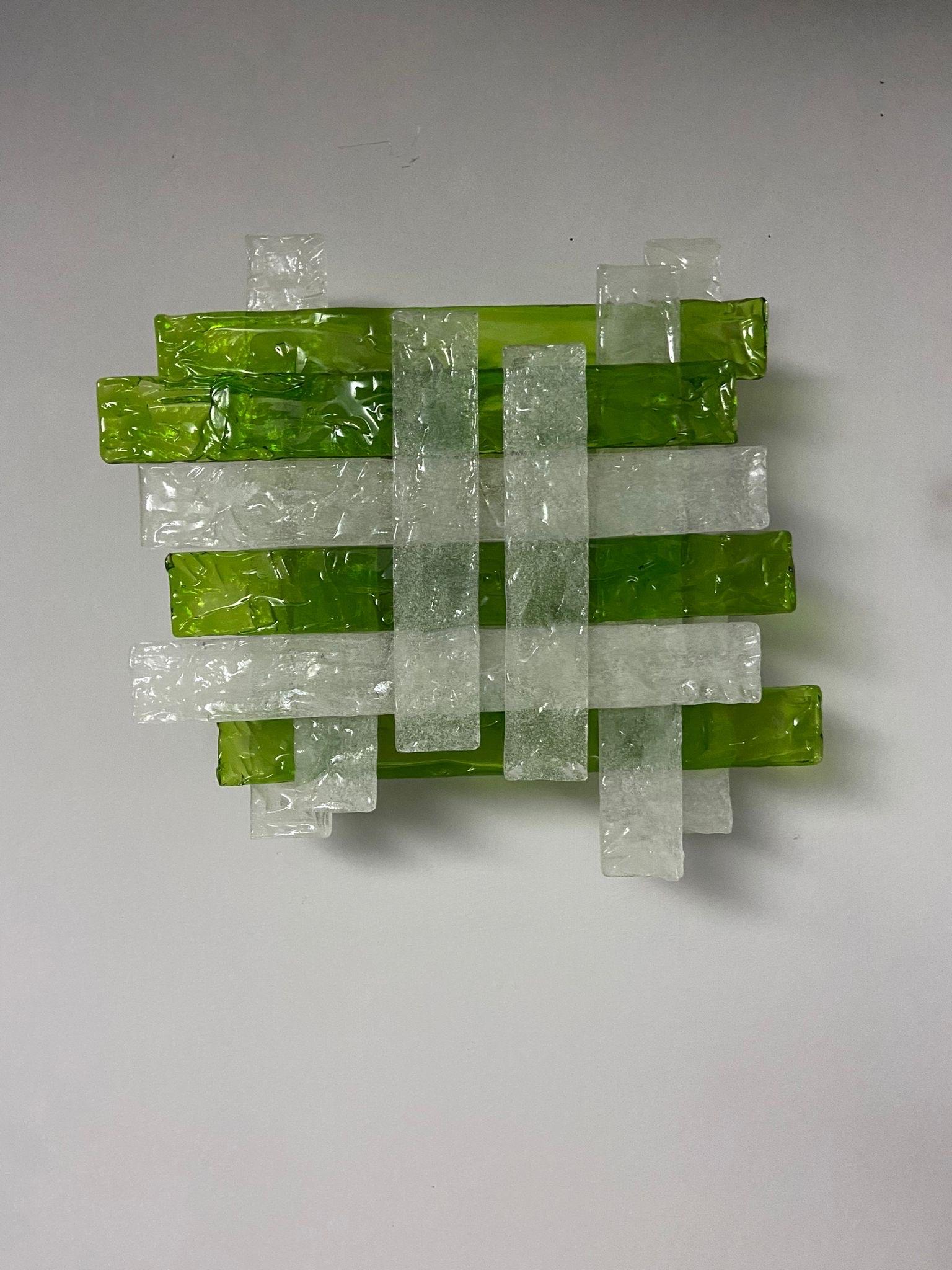 Hand-Crafted 1970s Mazzega Green and White Murano Glass Huge Square Wall Lights For Sale