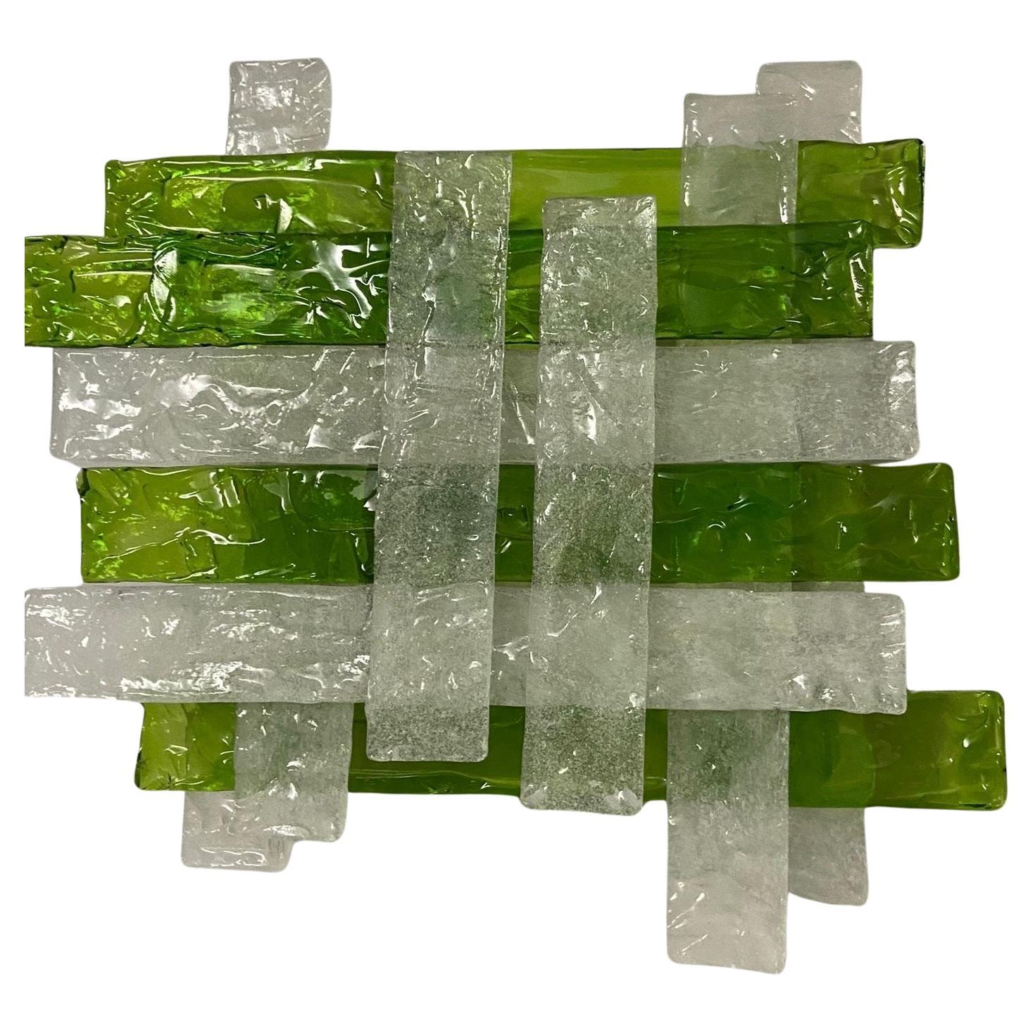 1970s Mazzega Green and White Murano Glass Huge Square Wall Lights