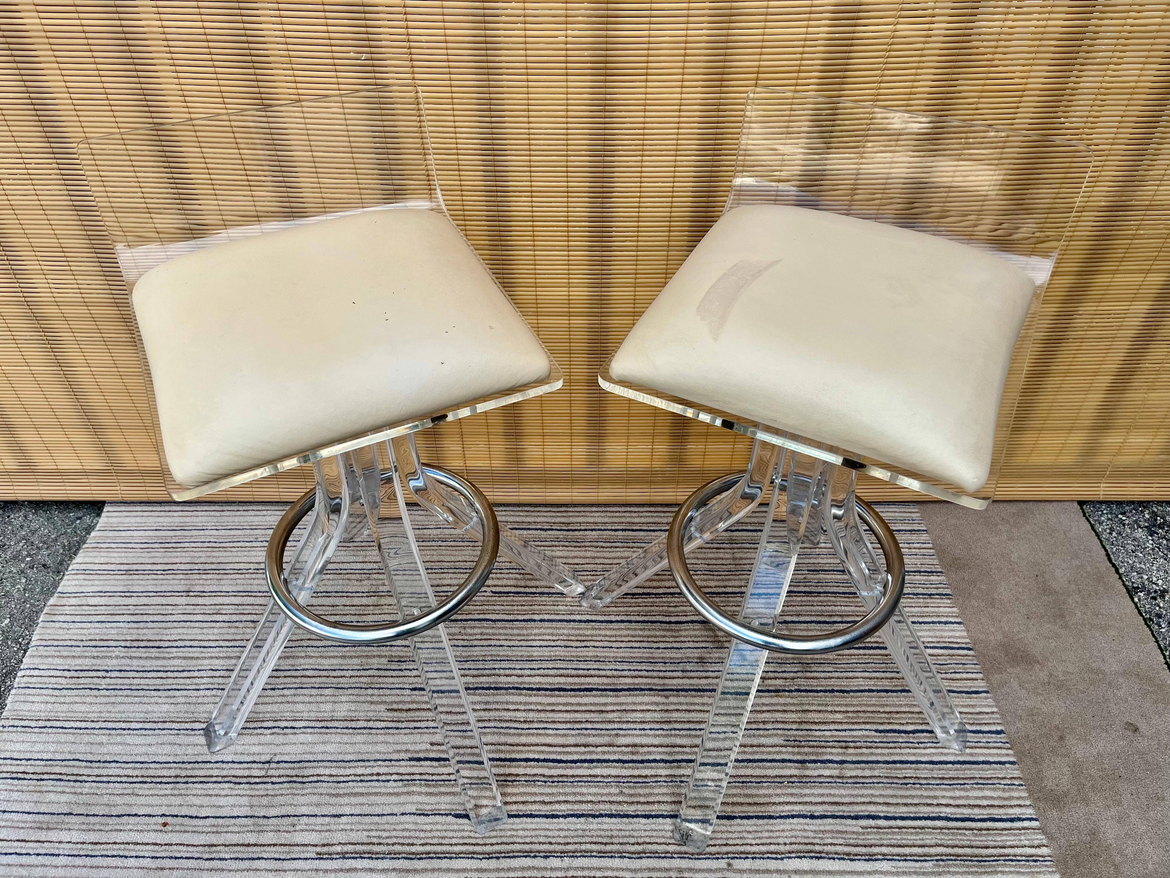 Mid-Century Modern Pair of 1970s Mid Century Lucite Barstools in the Charles Hollis Jones Style For Sale