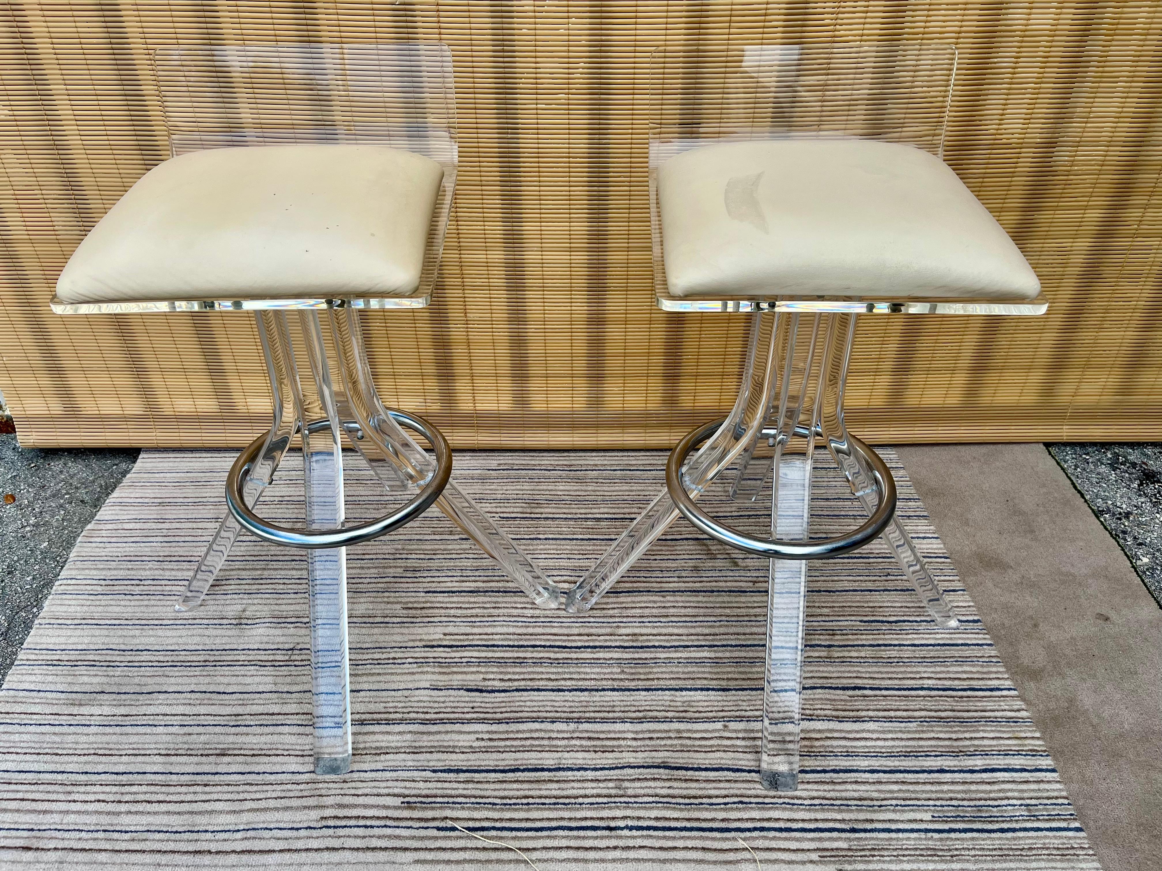 Late 20th Century Pair of 1970s Mid Century Lucite Barstools in the Charles Hollis Jones Style For Sale
