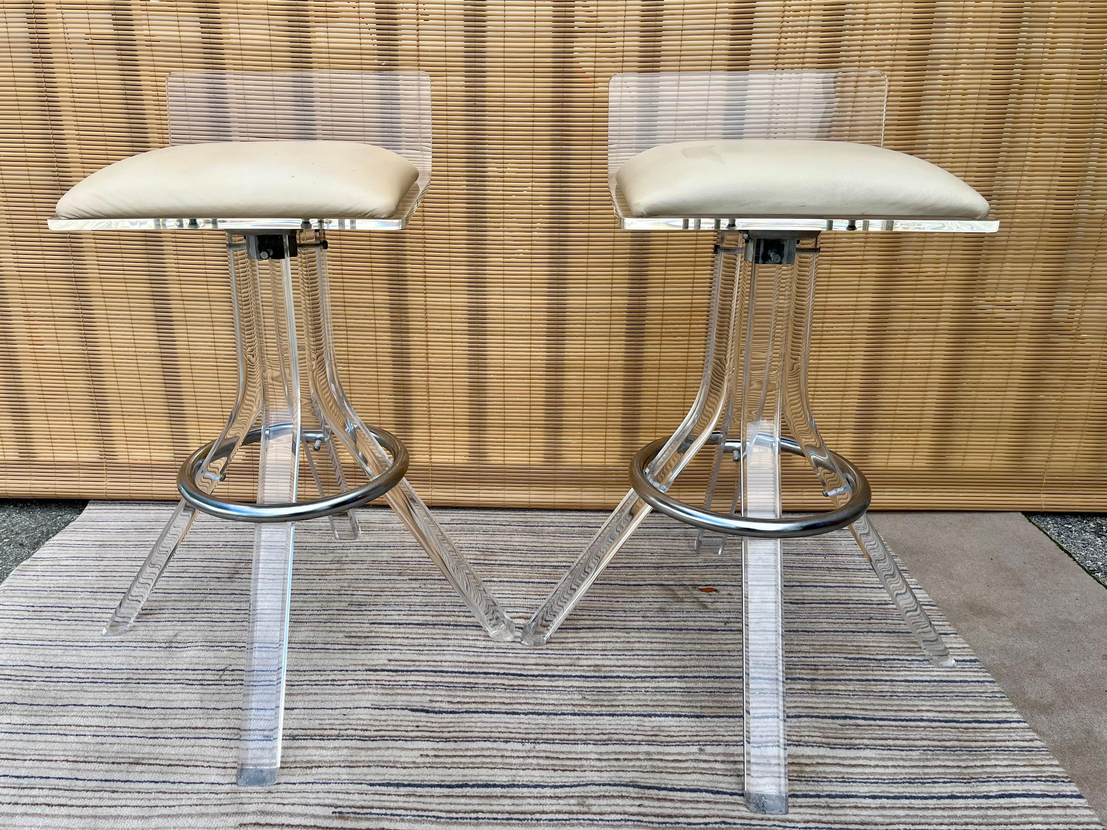 Steel Pair of 1970s Mid Century Lucite Barstools in the Charles Hollis Jones Style For Sale