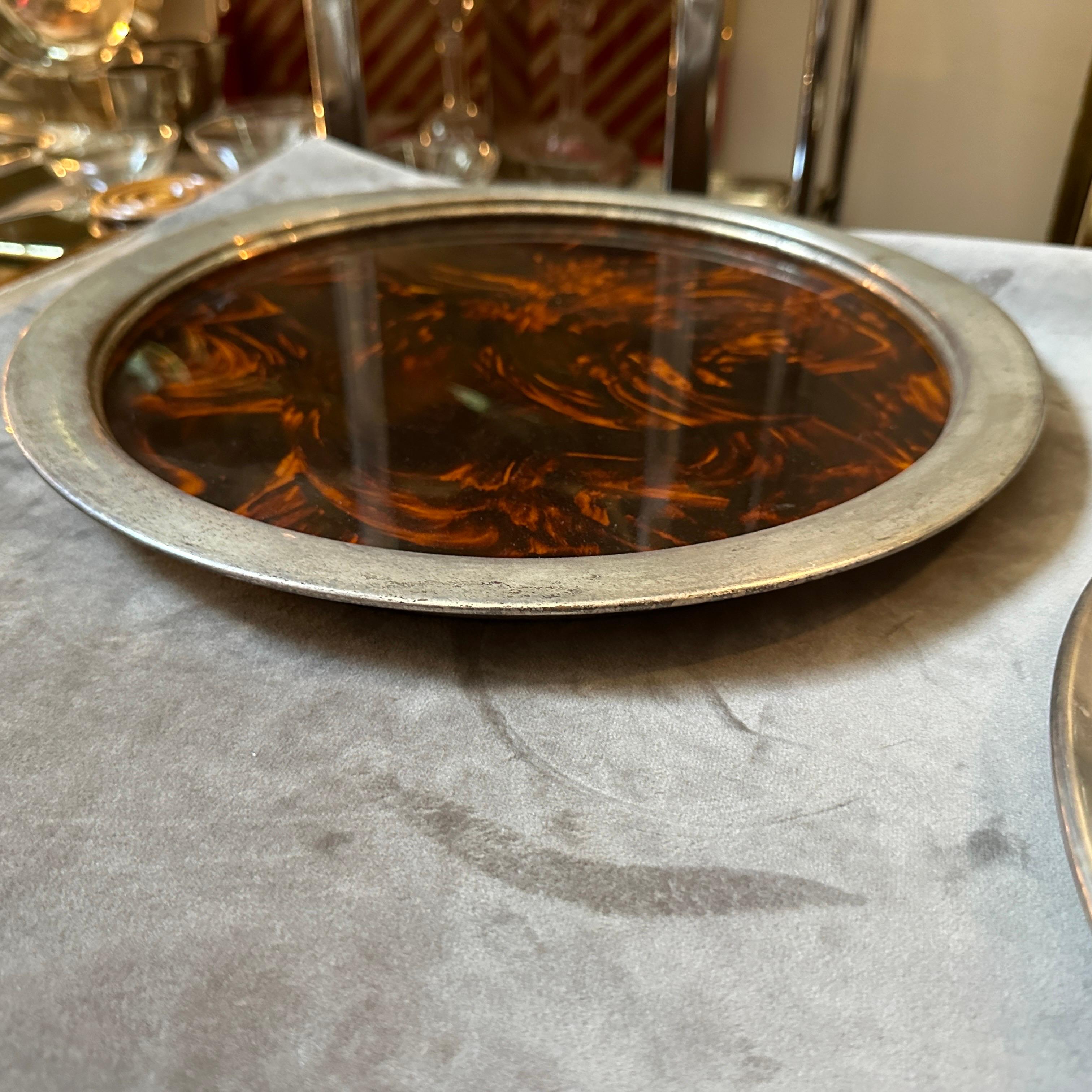 Metal A Pair of 1970s Mid-Century Modern Fake Tortoise Lucite Round Trays by Guzzini