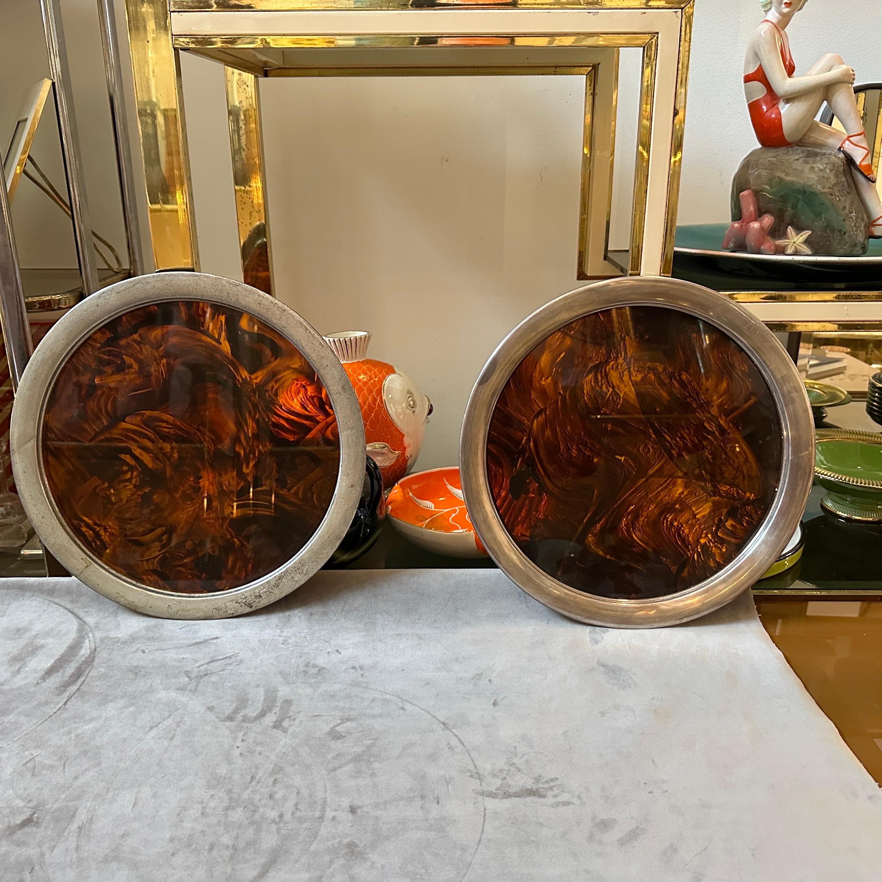 A Pair of 1970s Mid-Century Modern Fake Tortoise Lucite Round Trays by Guzzini 2