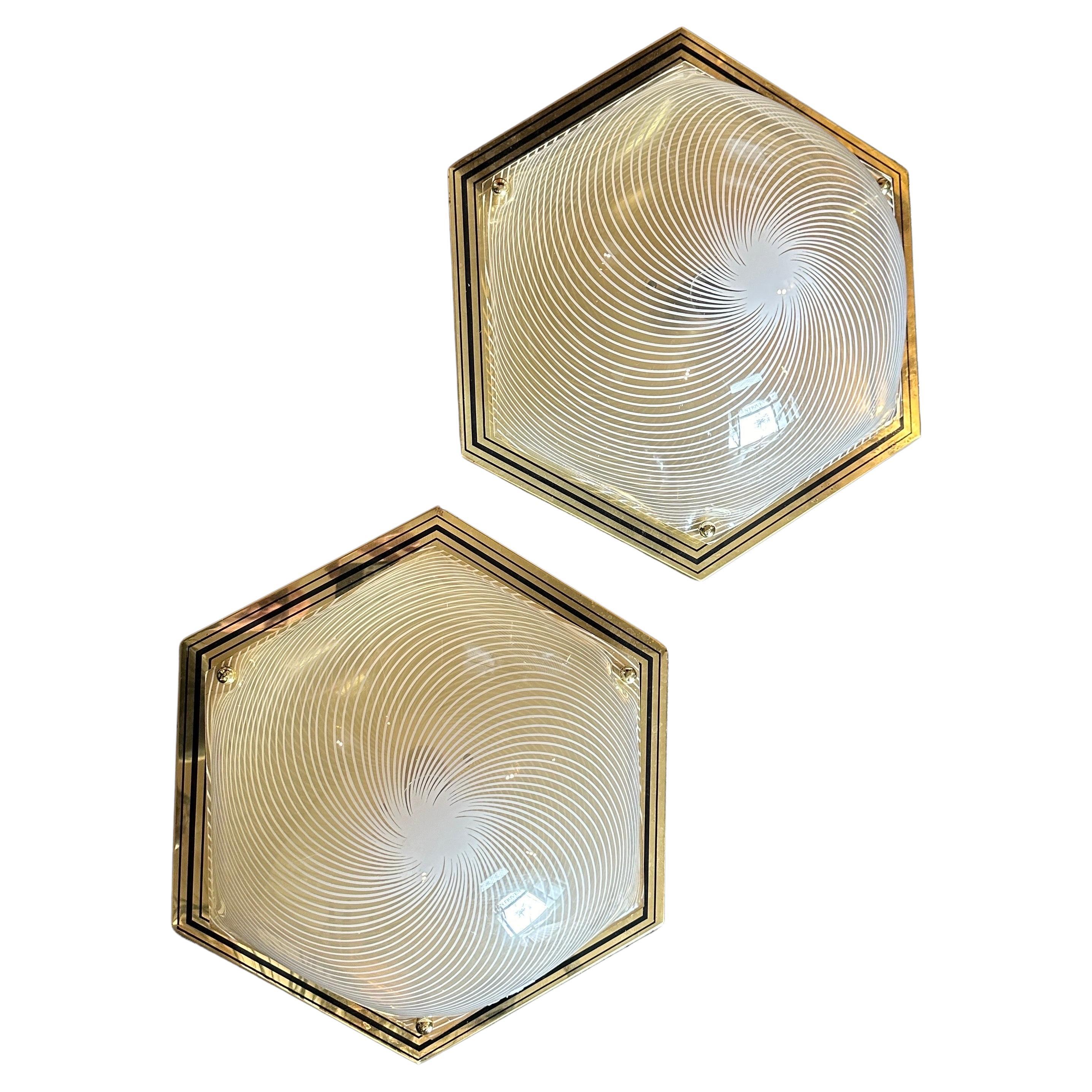 A Pair of 1970s Mid-Century Modern Hexagonal Italian Huge Wall Sconces For Sale