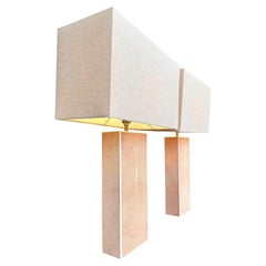 A pair of 1970s pastel pink shagreen lamps with natural linen shades