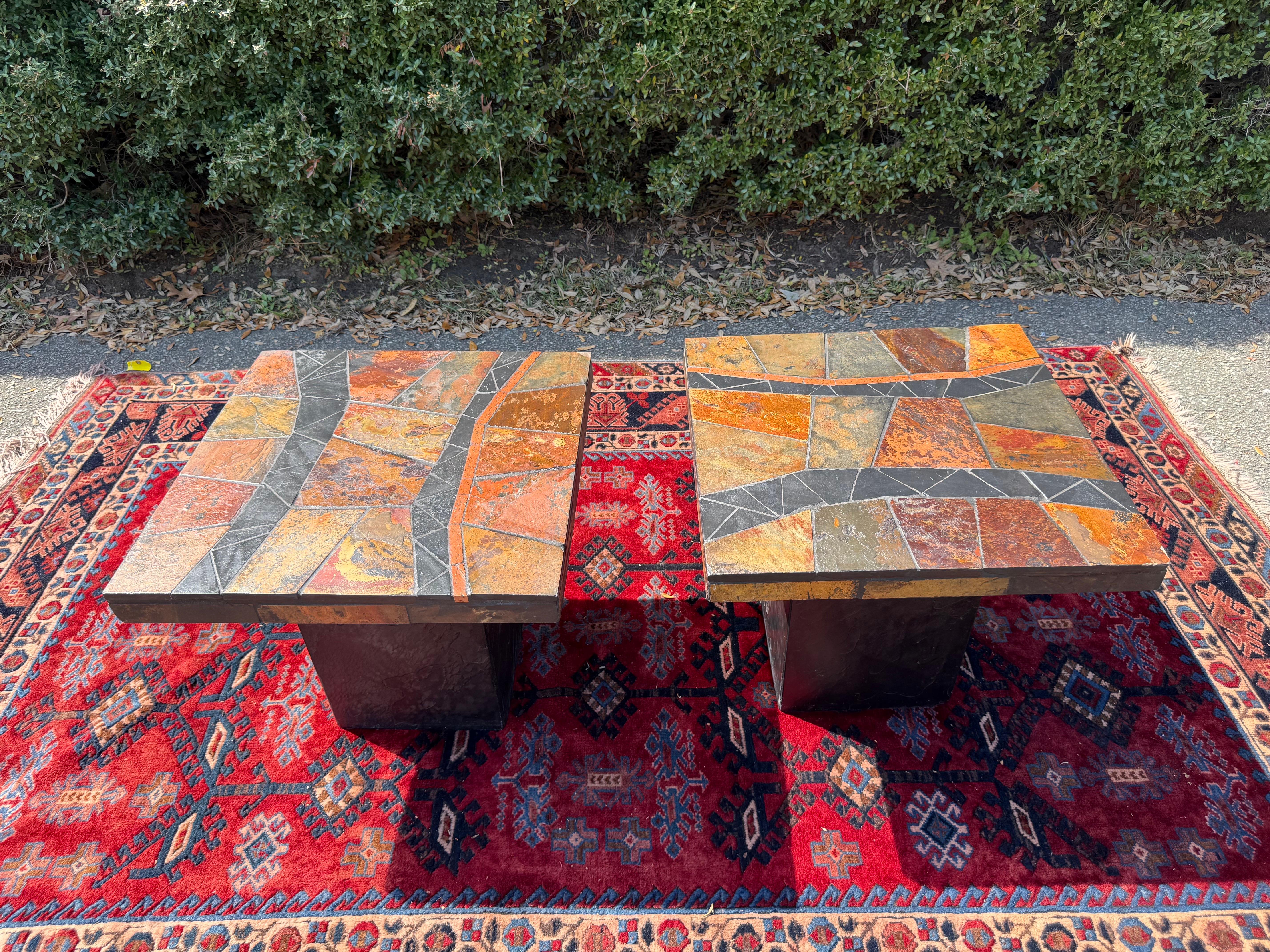 A pair of 1970’s Paul Kingma Attributed Brutalist Mosaic Side Tables in Slate In Good Condition For Sale In Charleston, SC