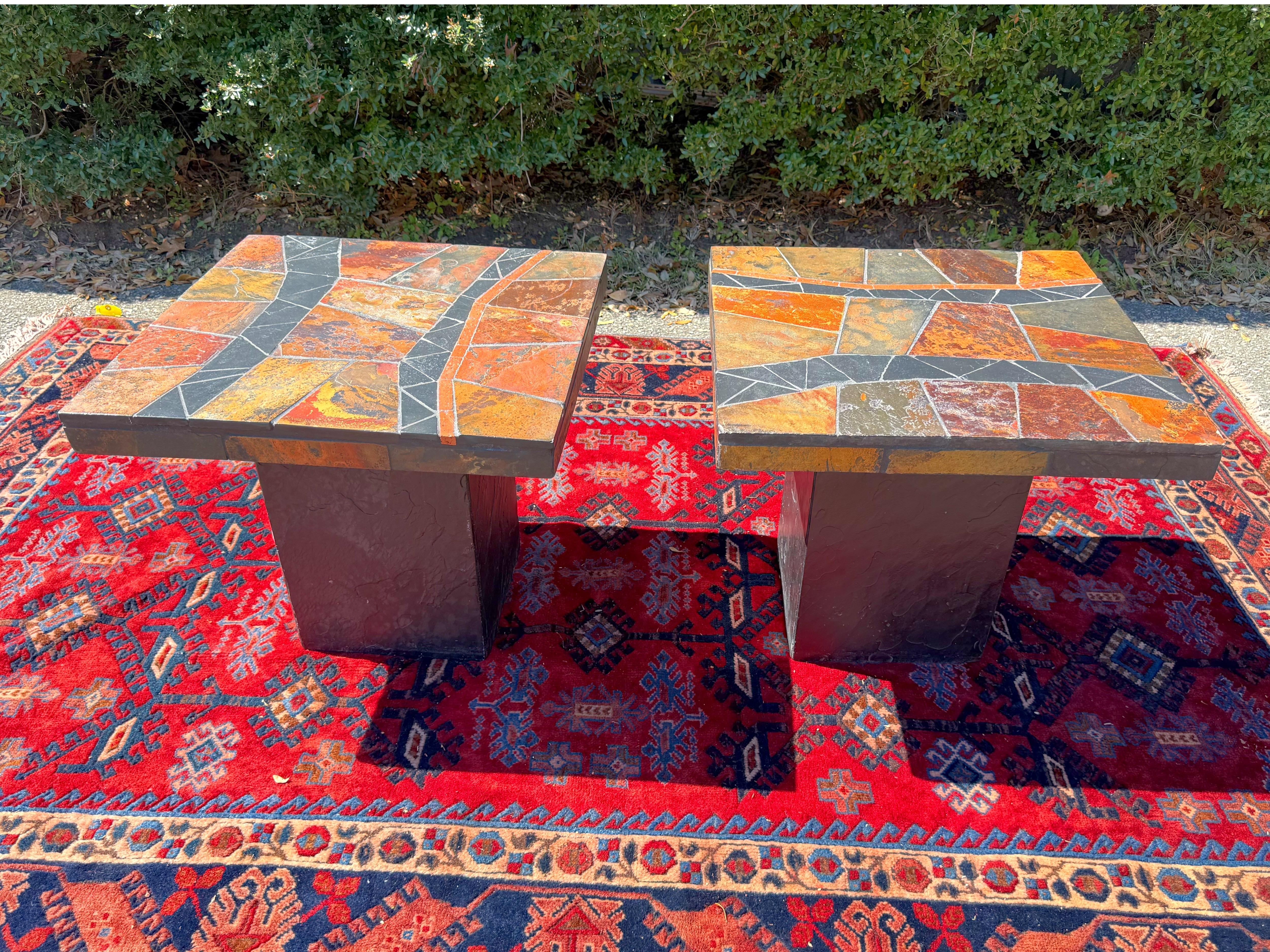 Late 20th Century A pair of 1970’s Paul Kingma Attributed Brutalist Mosaic Side Tables in Slate For Sale