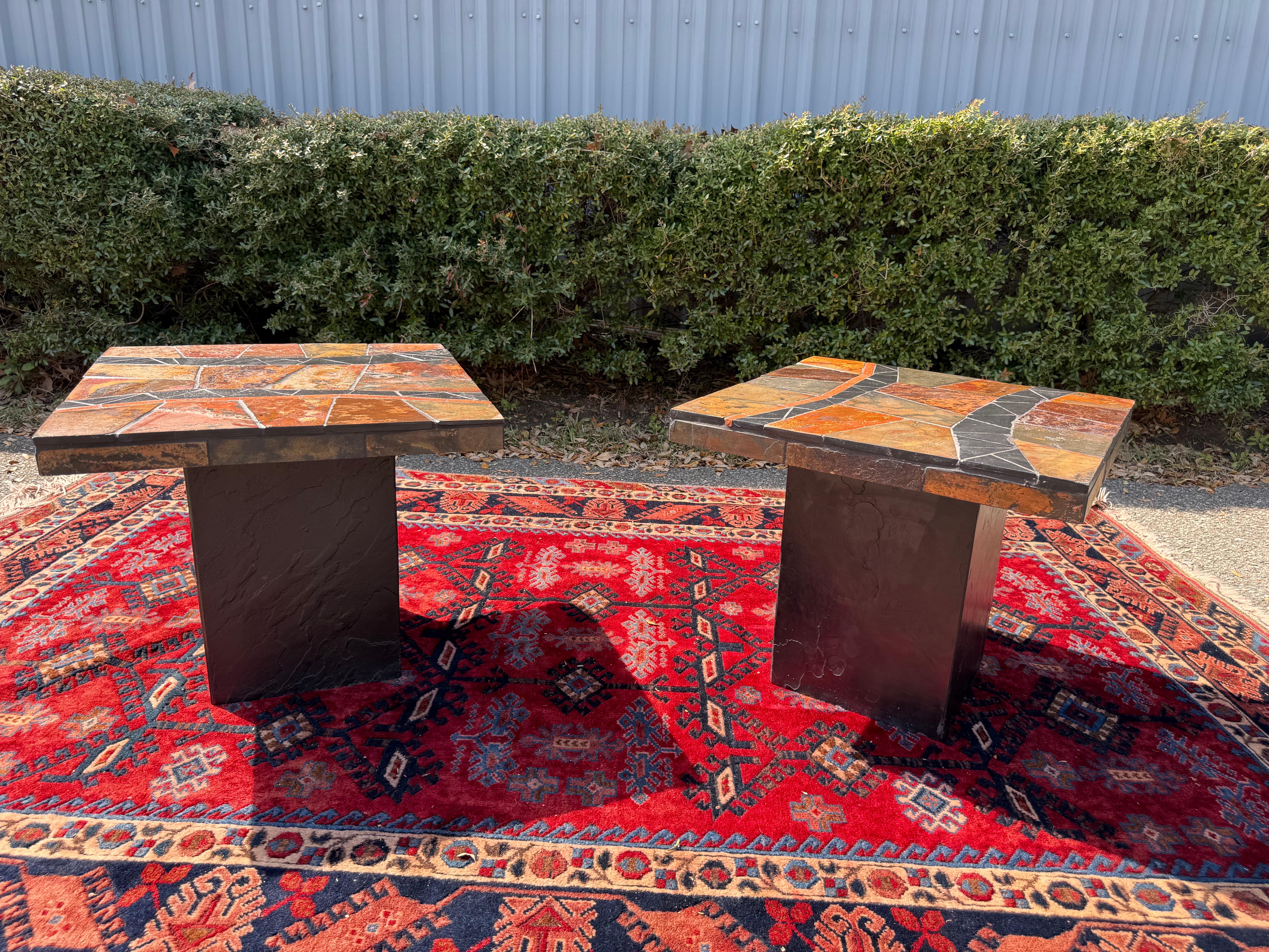 A pair of 1970’s Paul Kingma Attributed Brutalist Mosaic Side Tables in Slate For Sale 3