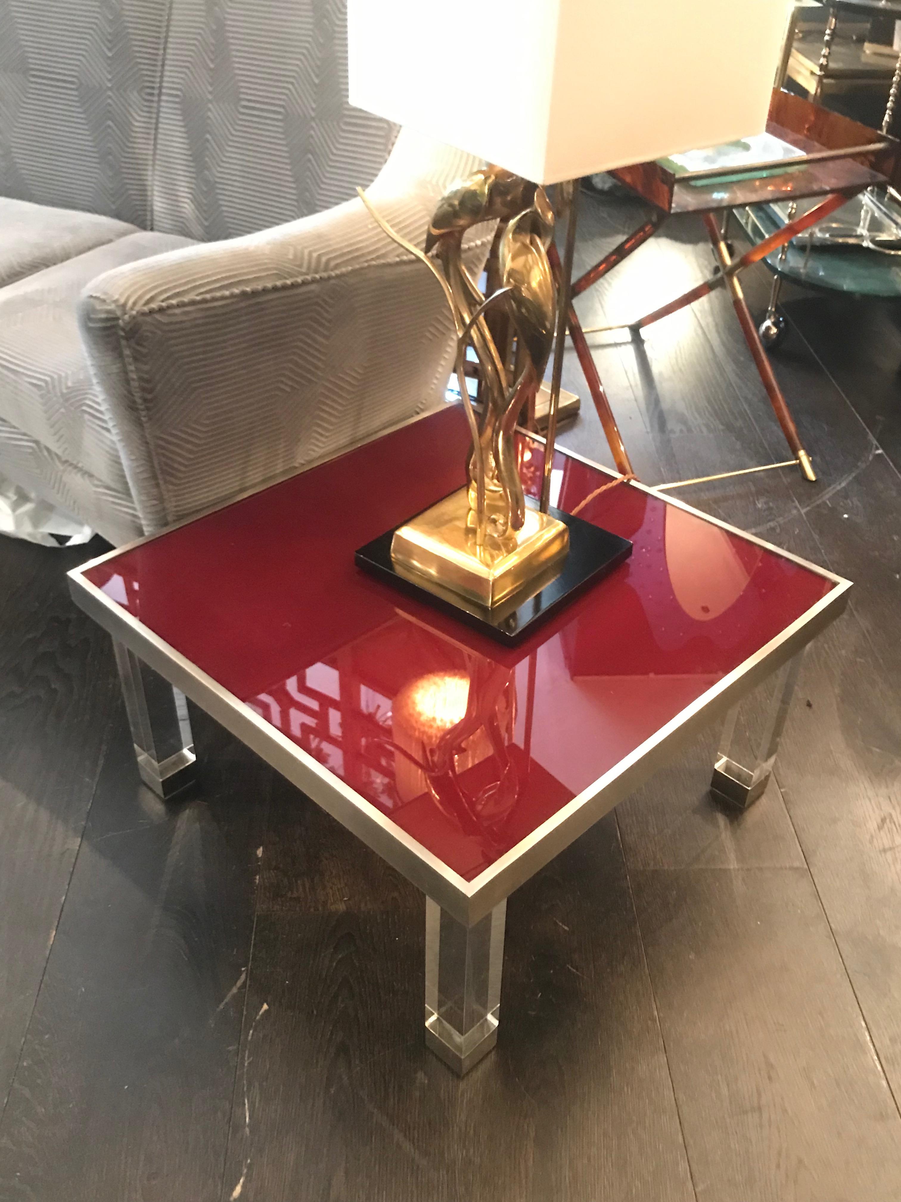 Pair of 1970s Red Glass and Lucite Side Tables In Good Condition For Sale In London, GB