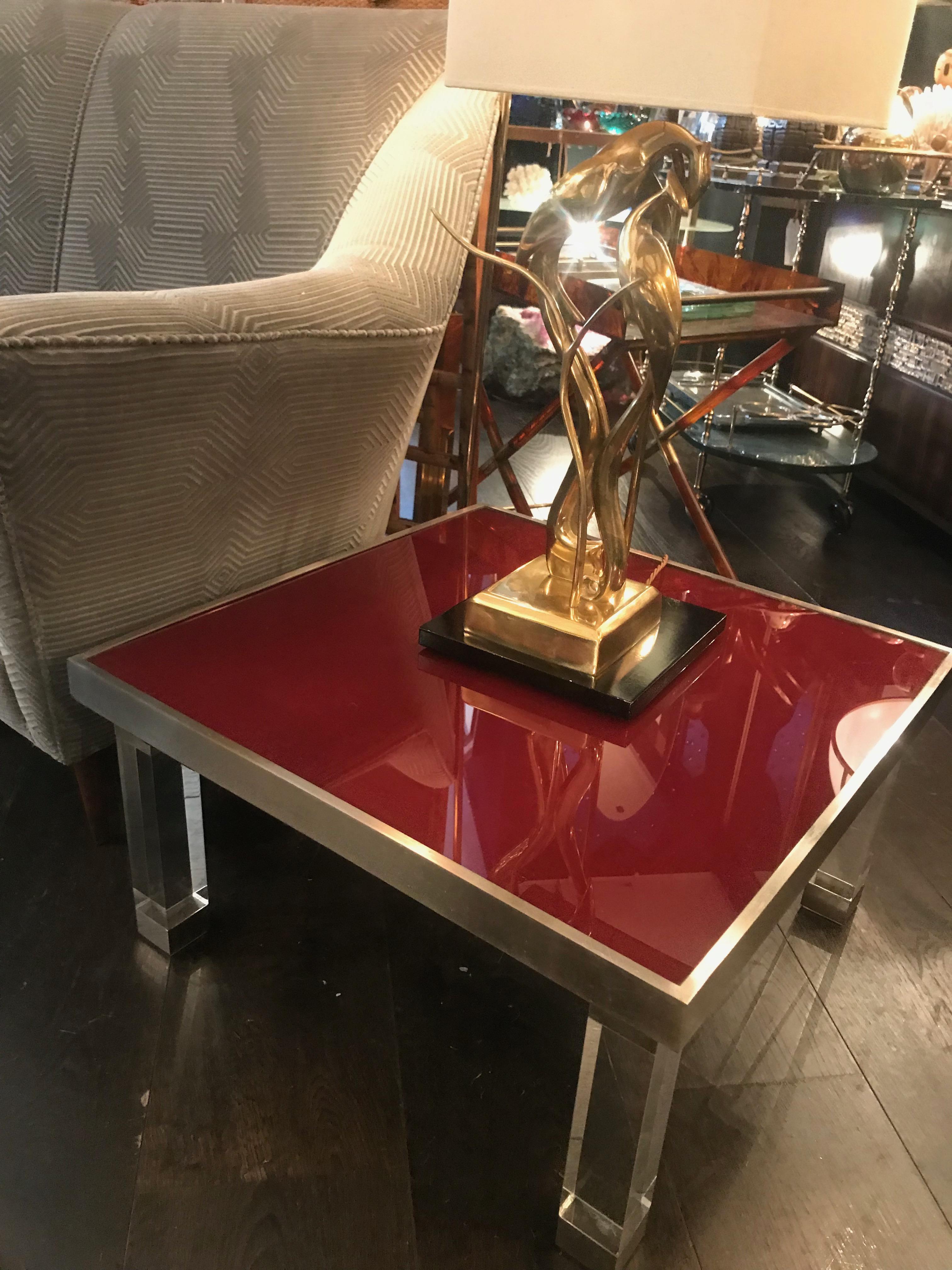 Late 20th Century Pair of 1970s Red Glass and Lucite Side Tables