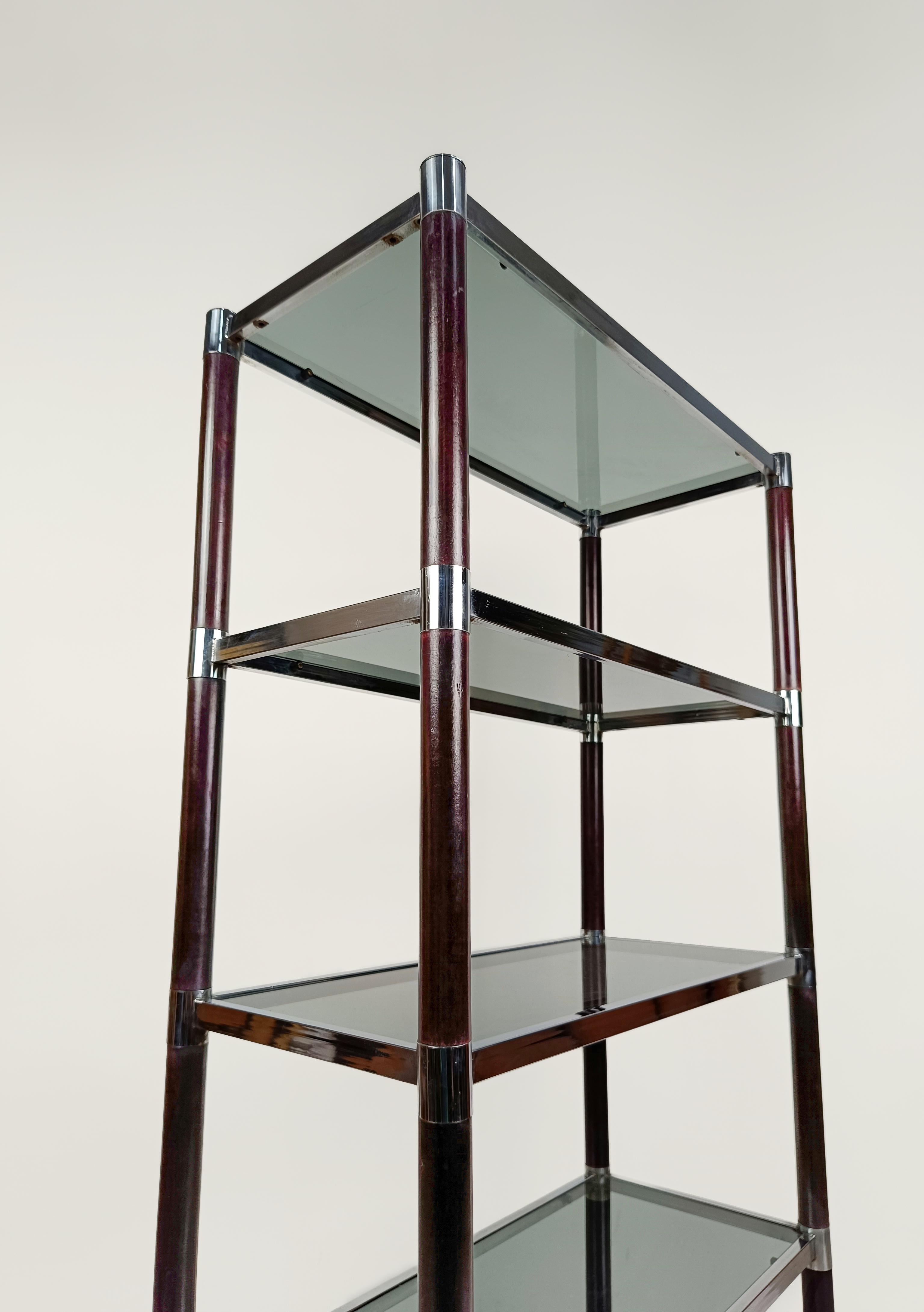 Space Age A Pair of 1970s Shelves / étagère in Chromed Metal, Solid Wood and Smoked Glass  For Sale