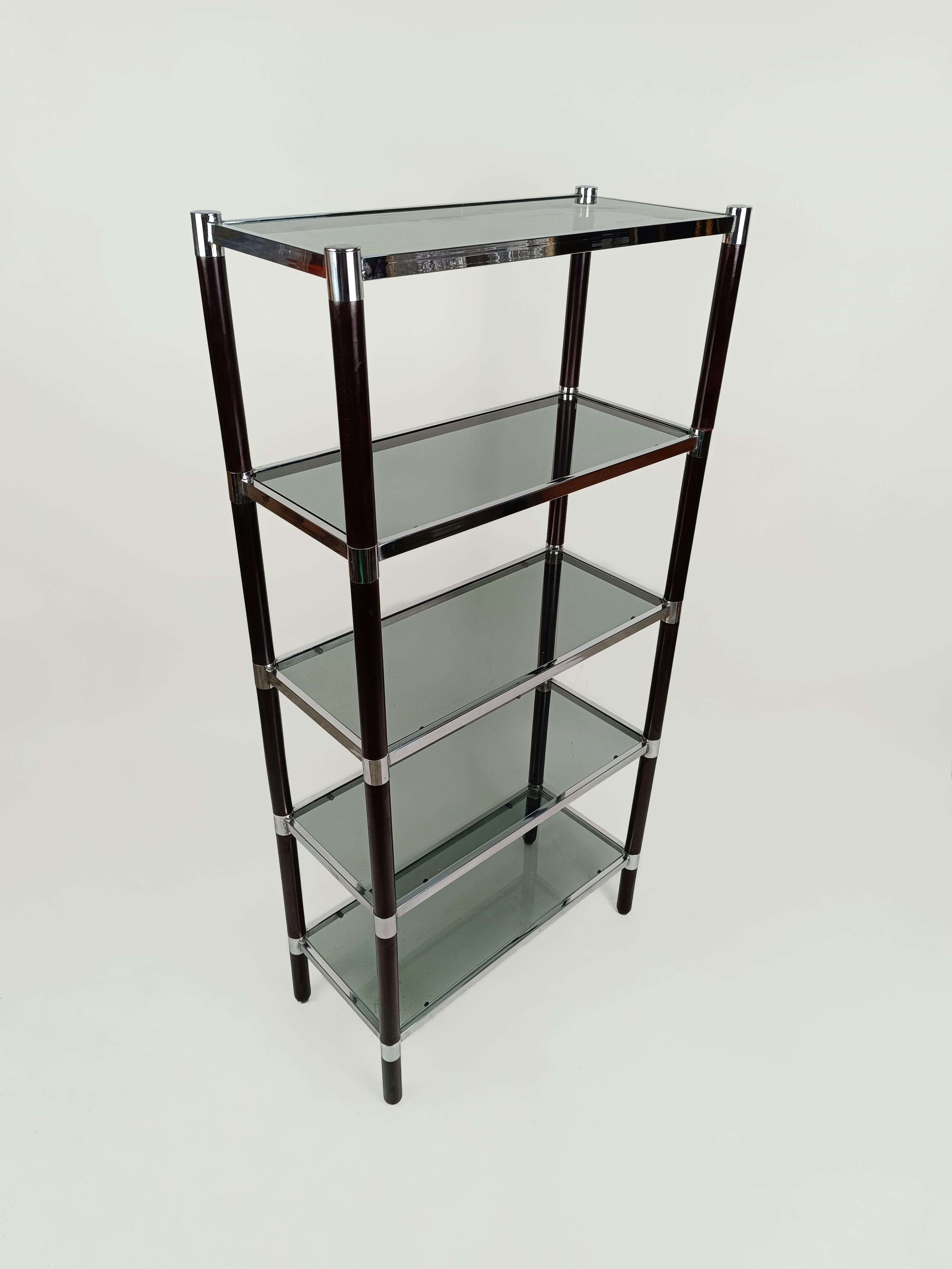 Italian A Pair of 1970s Shelves / étagère in Chromed Metal, Solid Wood and Smoked Glass  For Sale