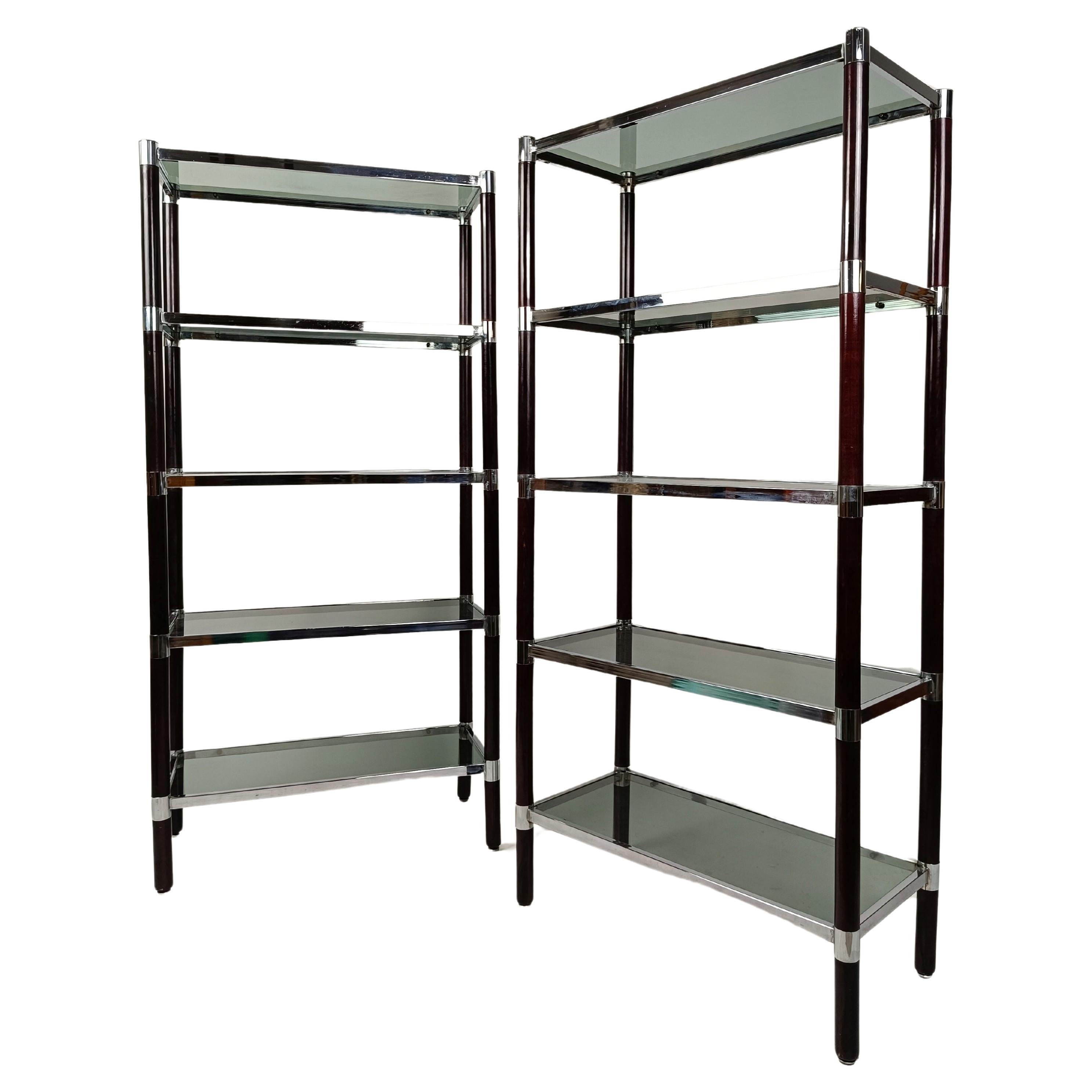 A Pair of 1970s Shelves / étagère in Chromed Metal, Solid Wood and Smoked Glass  For Sale